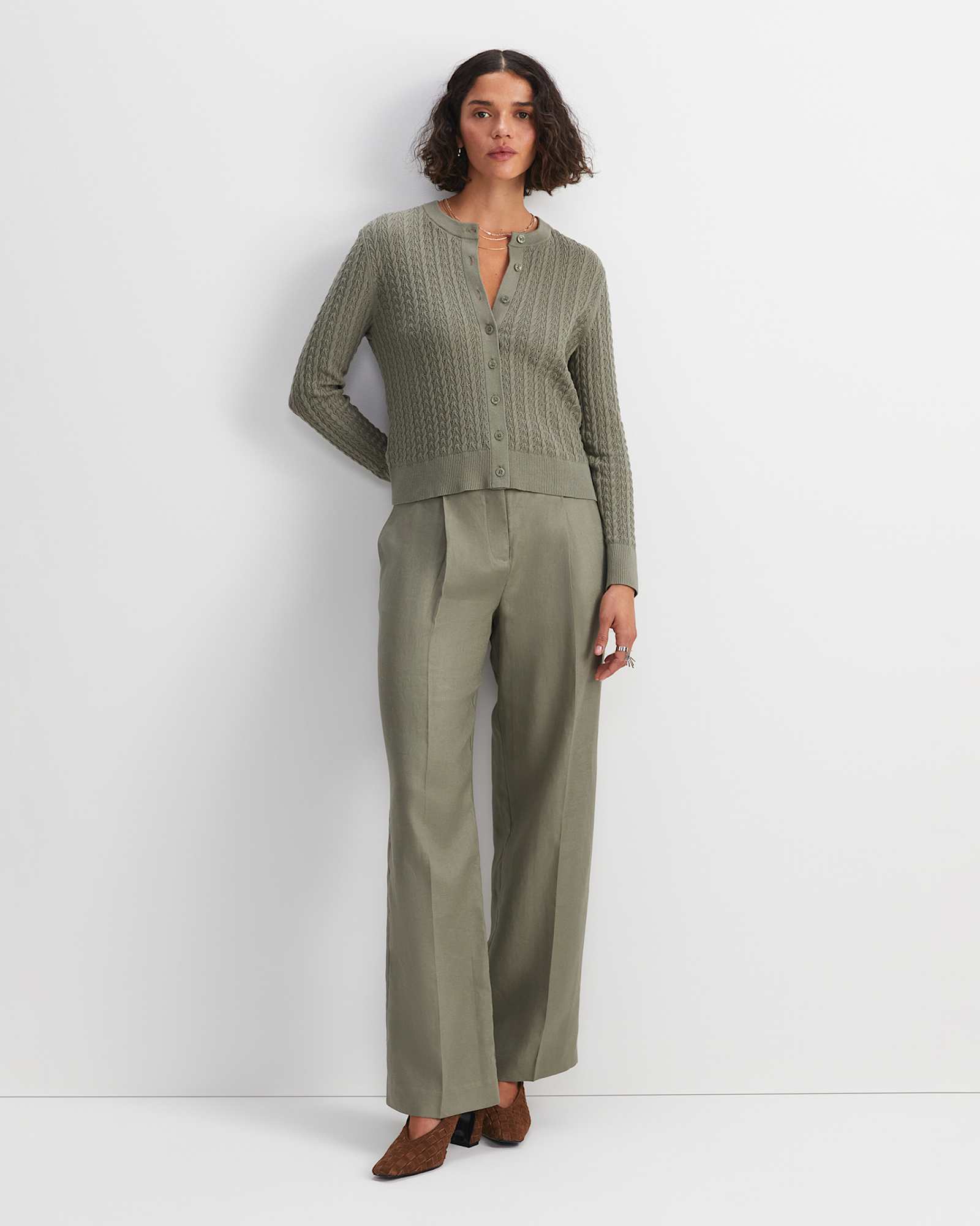 Elka Pointelle Cardigan in KHAKI