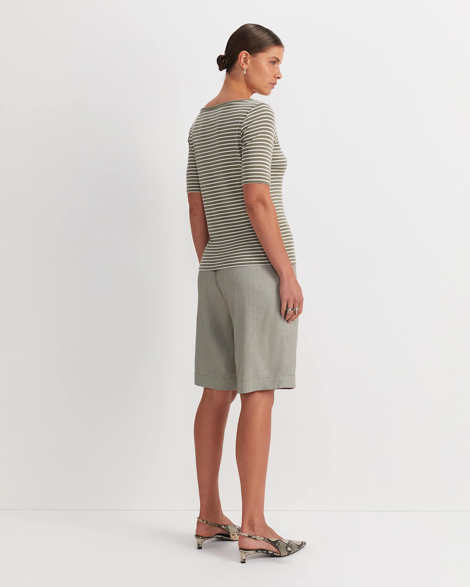 Heidi Boat Neck Half Sleeve Tee in KHAKI/WHITE
