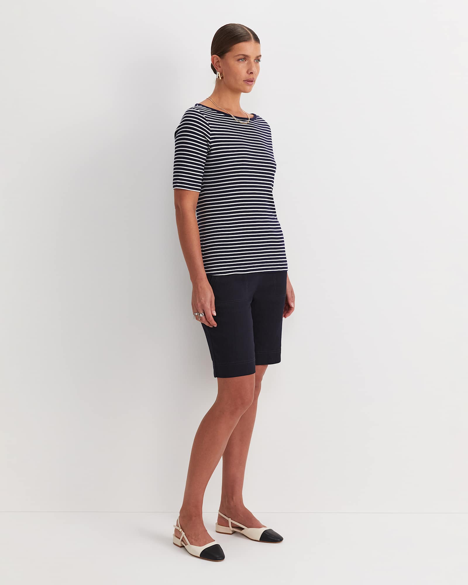 Heidi Boat Neck Half Sleeve Tee in NAVY/WHITE