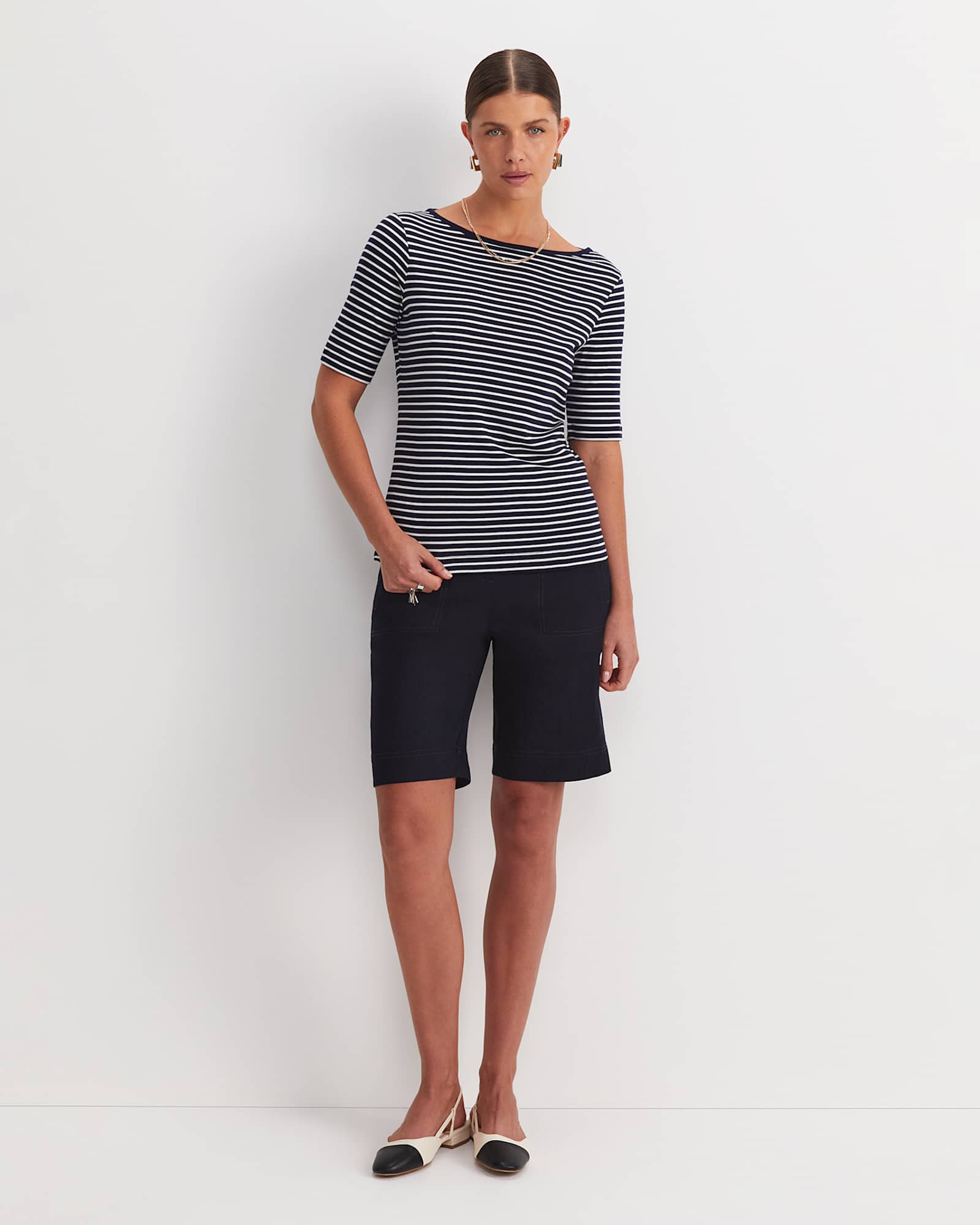 Heidi Boat Neck Half Sleeve Tee in NAVY/WHITE