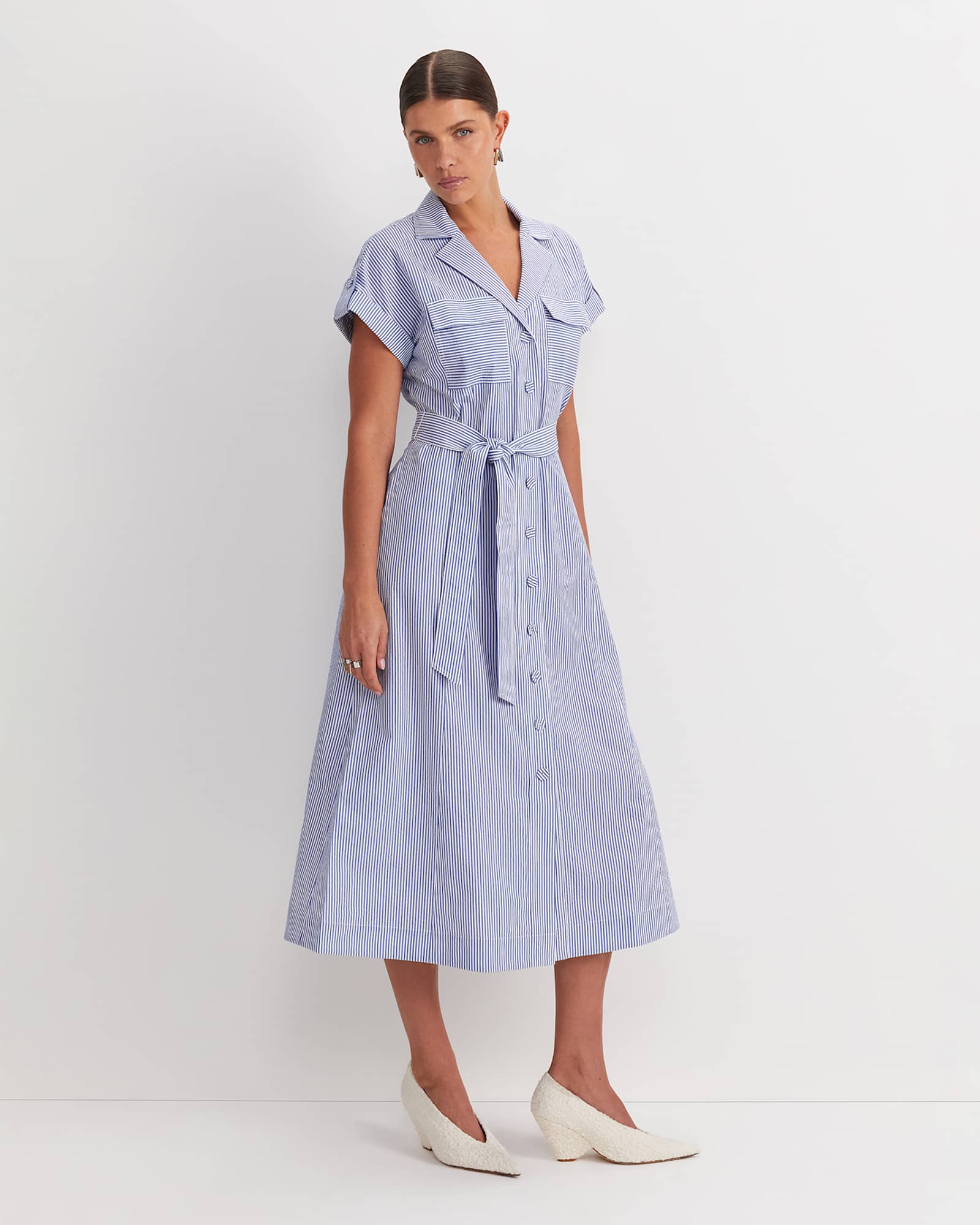 Nia Seersucker Midi Dress in BLUE/WHITE