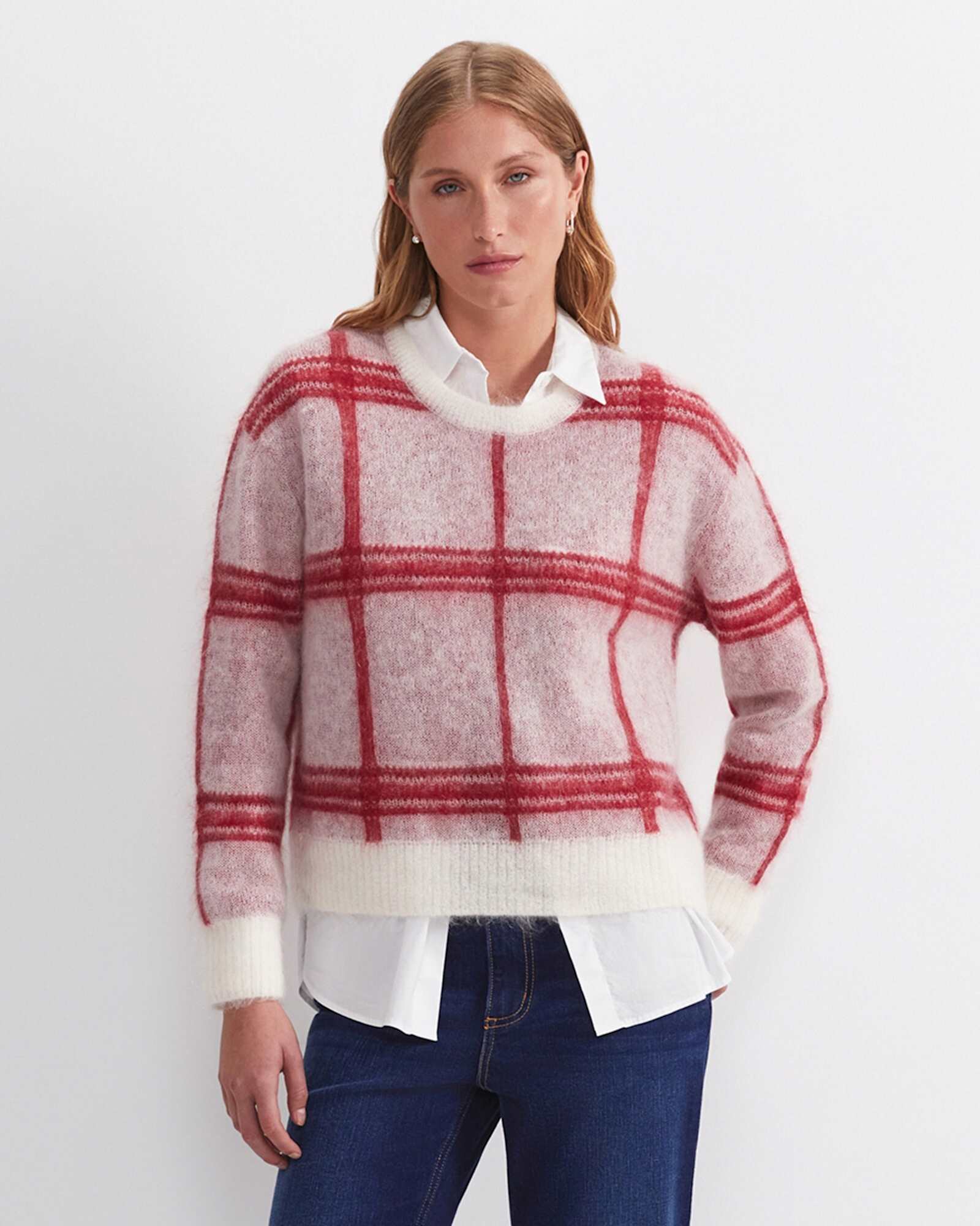 Tatiana Mohair Check Sweater in WHITE/RED