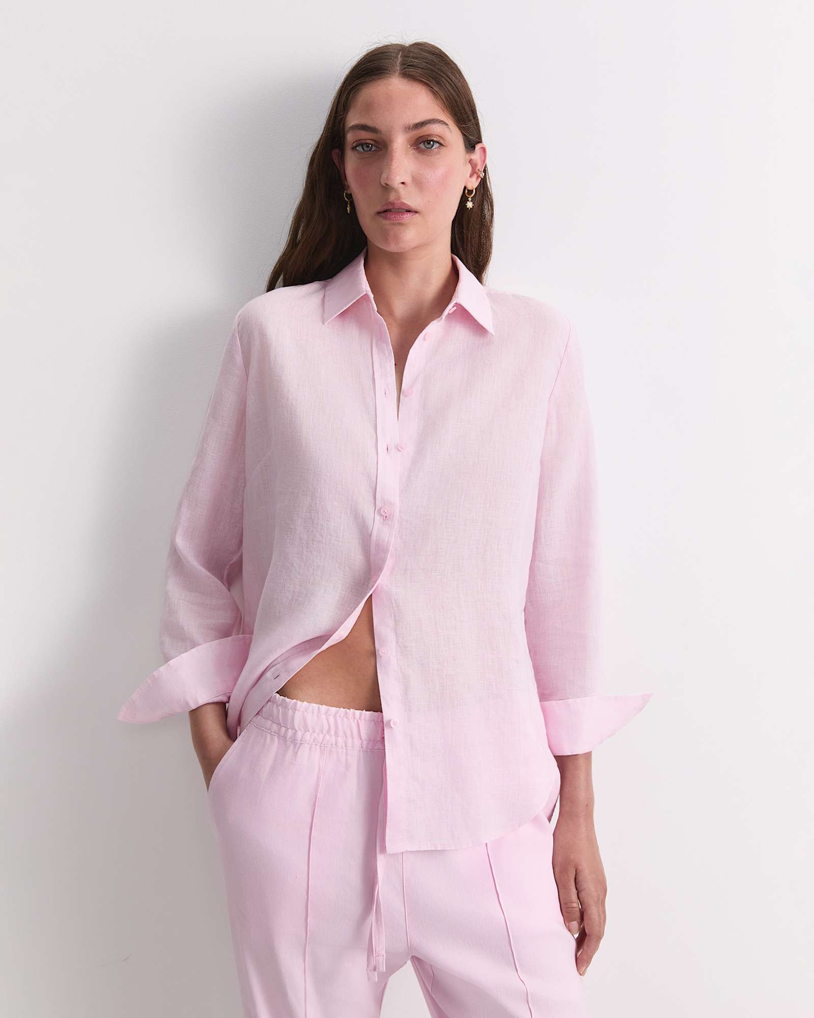 Dahlia Long Sleeve Linen Shirt in BLUSH