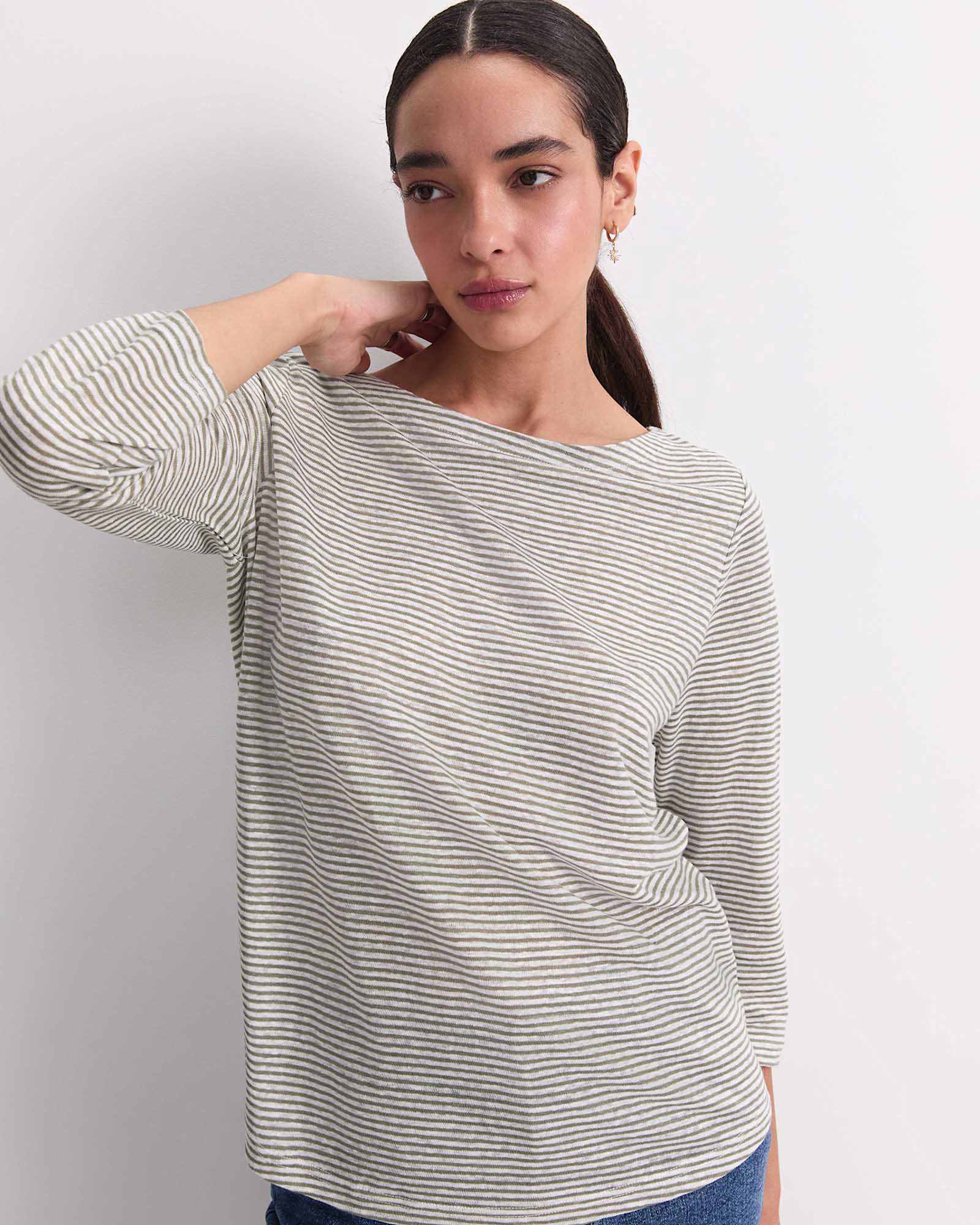 Cecile Linen Top in KHAKI/WHITE