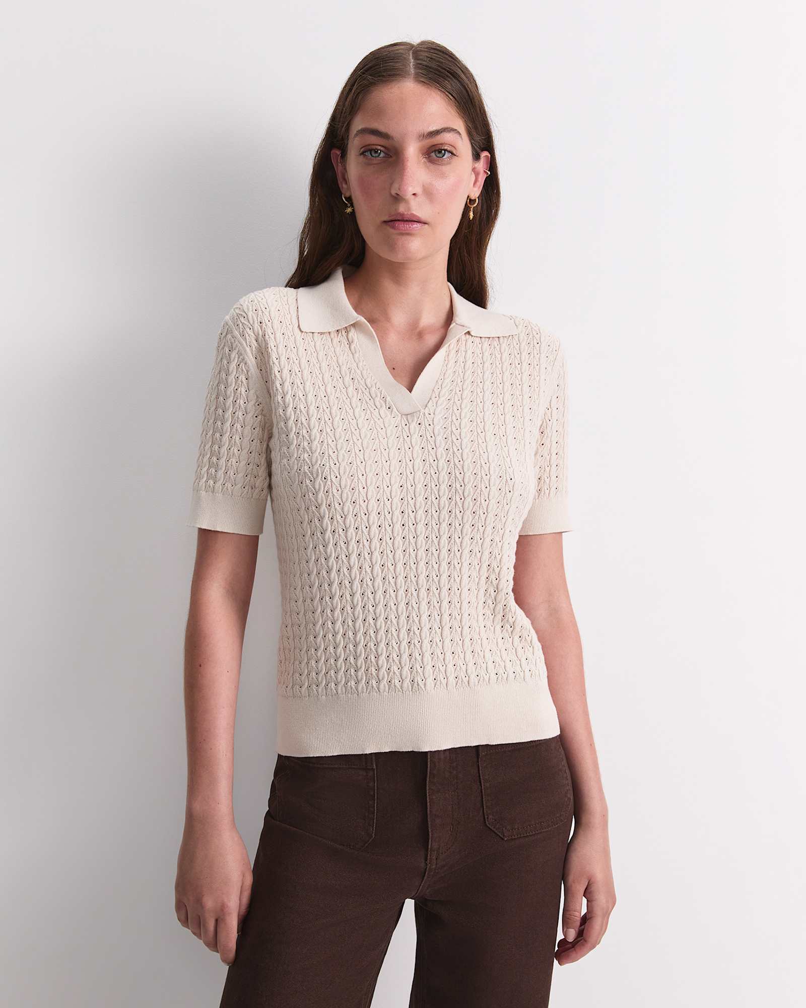 Elka Pointelle Polo Knit in STRING