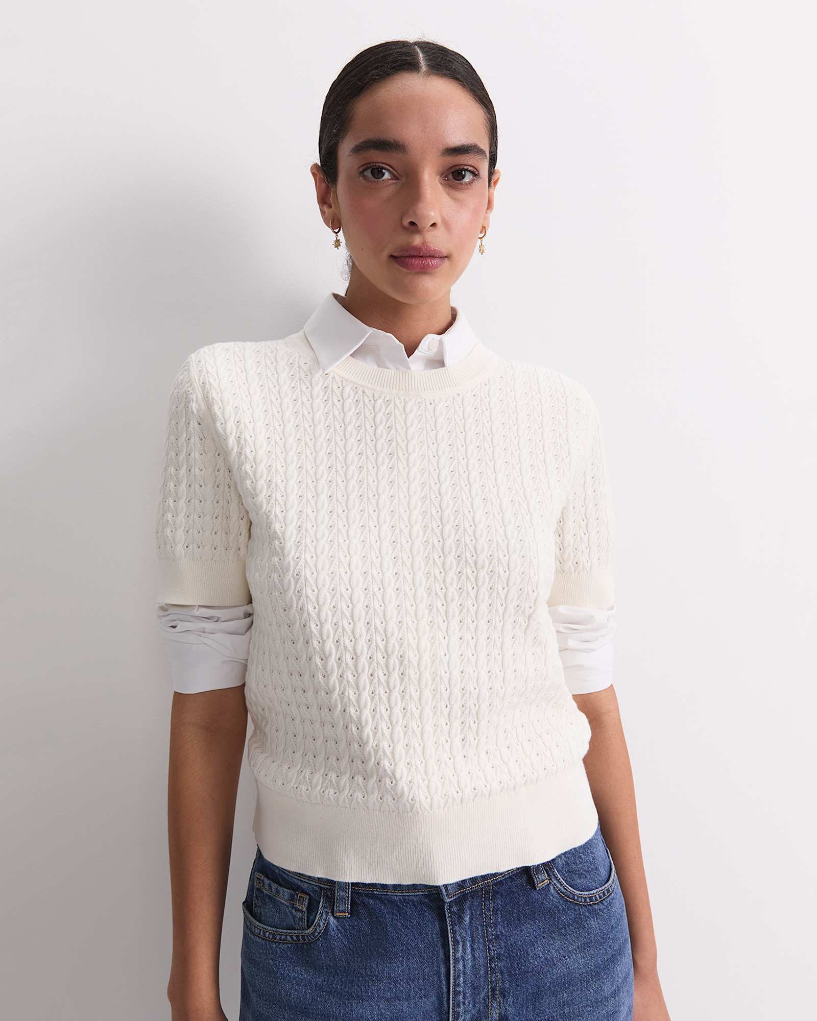 Elka Pointelle Crew Knit in OFF WHITE