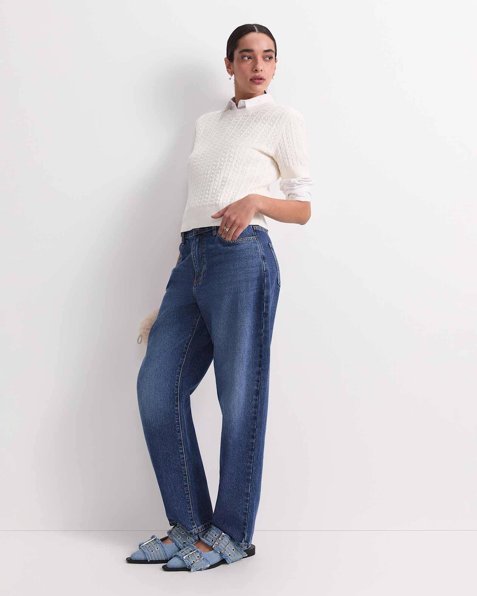 Elka Pointelle Crew Knit in OFF WHITE
