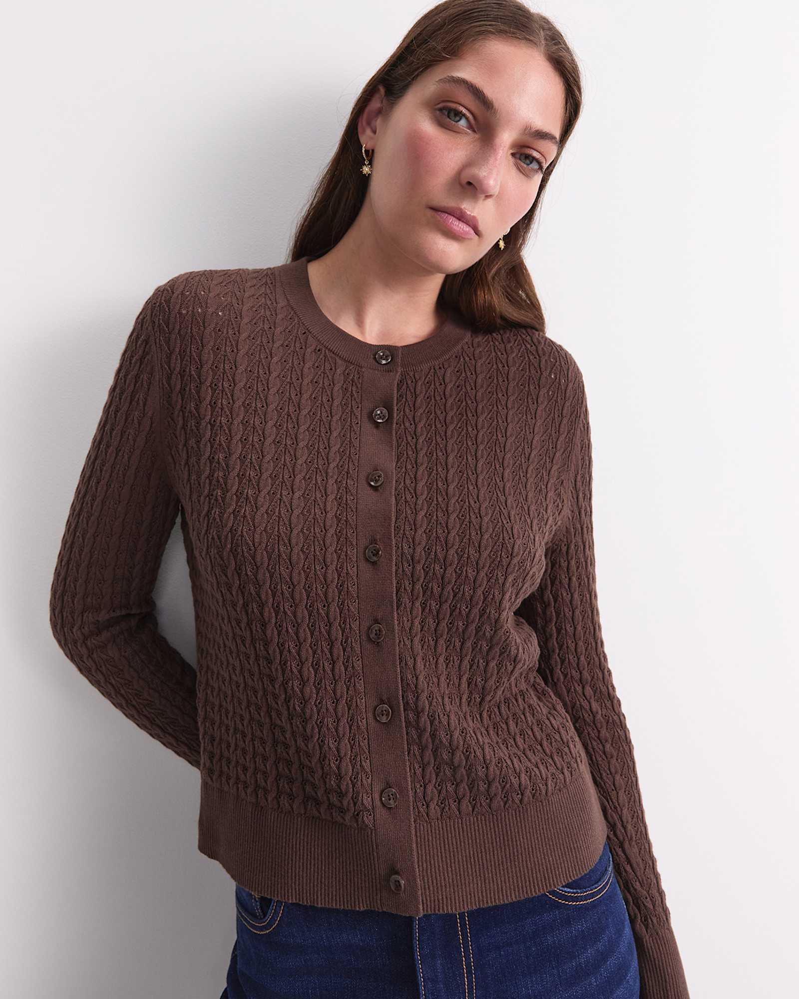 Elka Pointelle Cardigan in CHOCOLATE