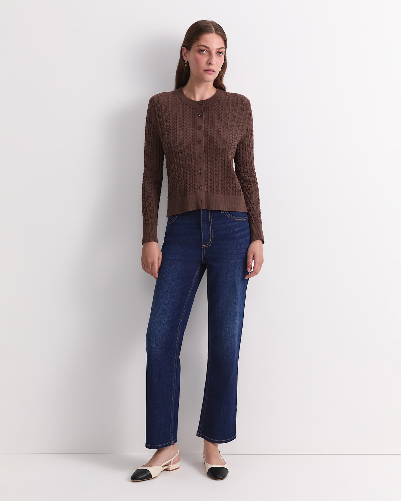 Elka Pointelle Cardigan in CHOCOLATE