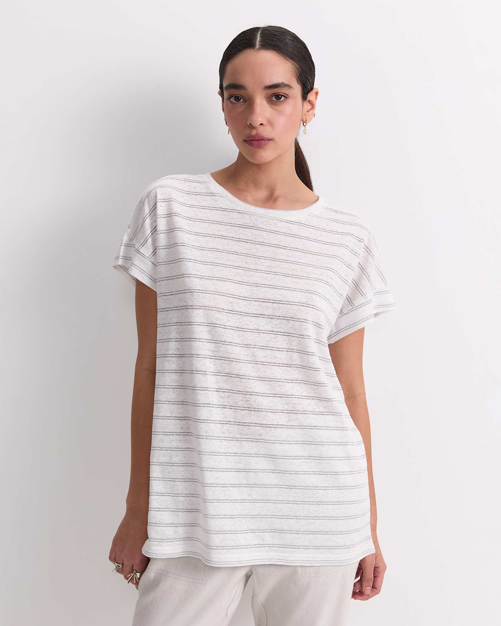 Tonia Foil Linen Tee in WHITE/SILVER