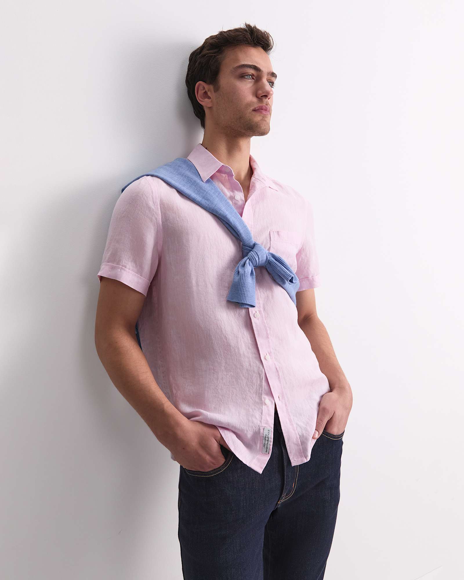 Short Sleeve Yarn-Dyed Linen Shirt in PALE PINK