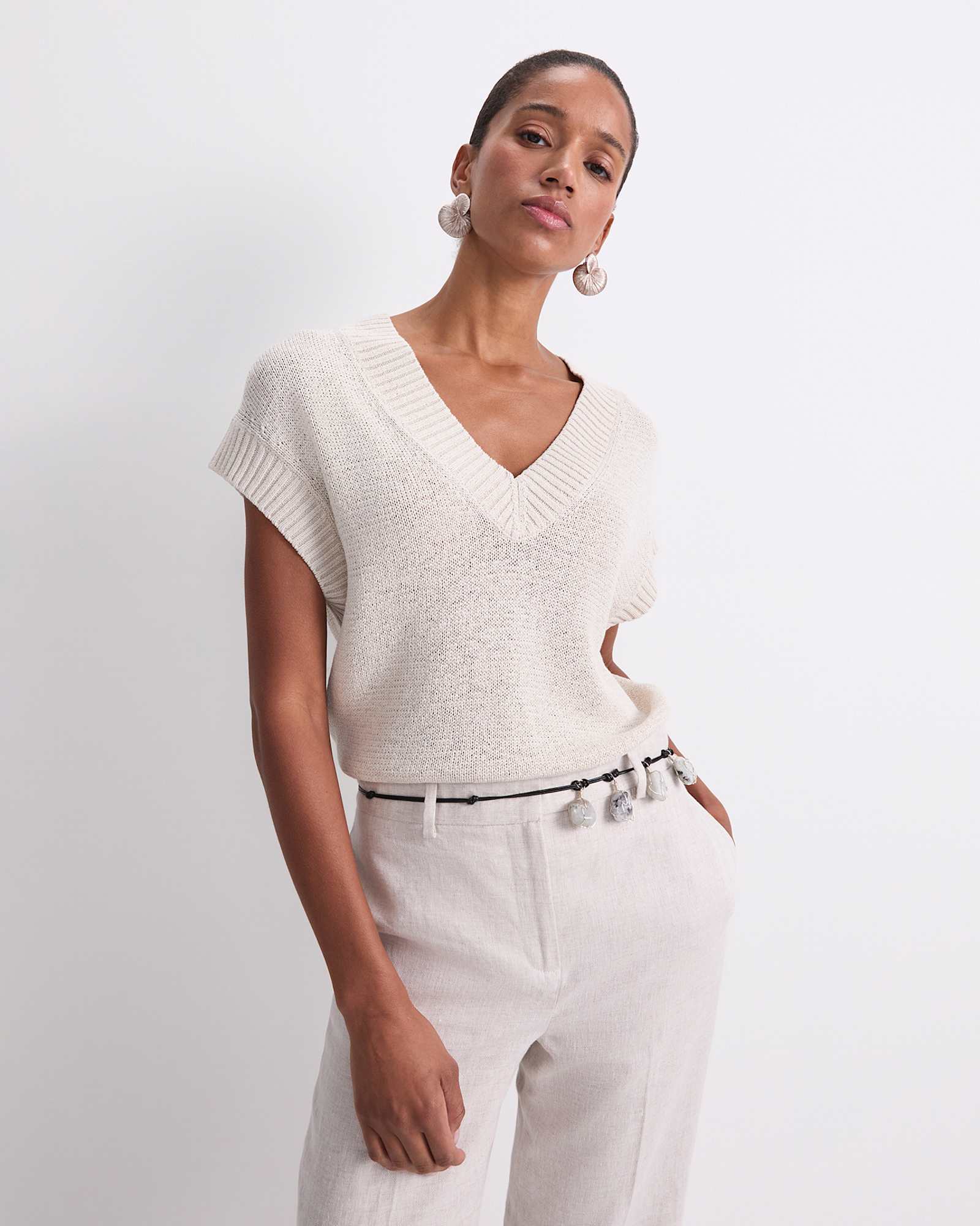 Josie Tape Yarn V-Neck Tank in STRING