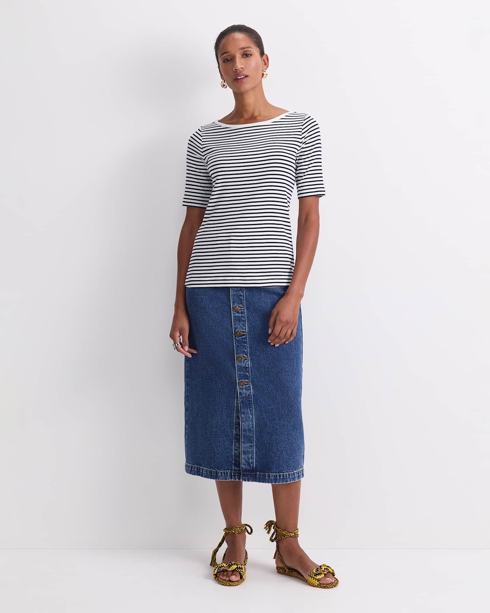 Heidi Boat Neck Half Sleeve Tee in WHITE/NAVY