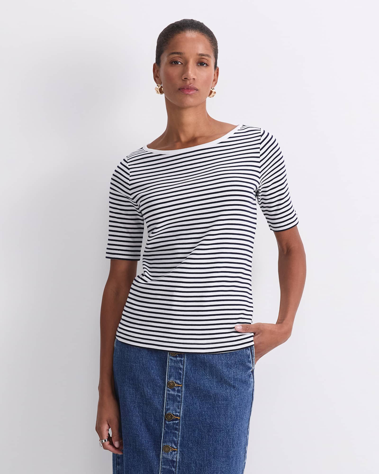 Heidi Boat Neck Half Sleeve Tee in WHITE/NAVY