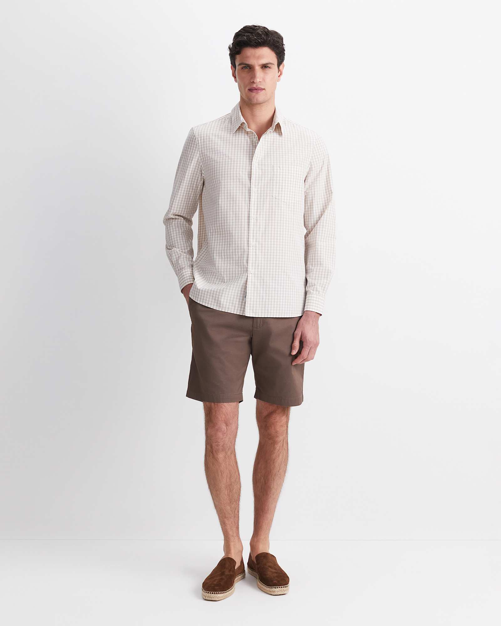 Thomas Long Sleeve Gingham Shirt in FAWN