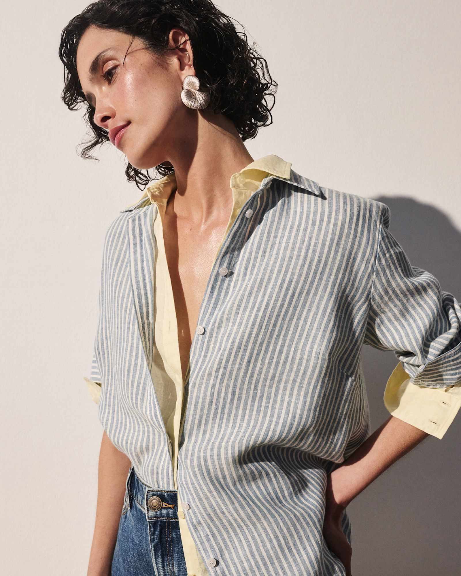 Dahlia Stripe Linen Shirt in WHITE/NAVY
