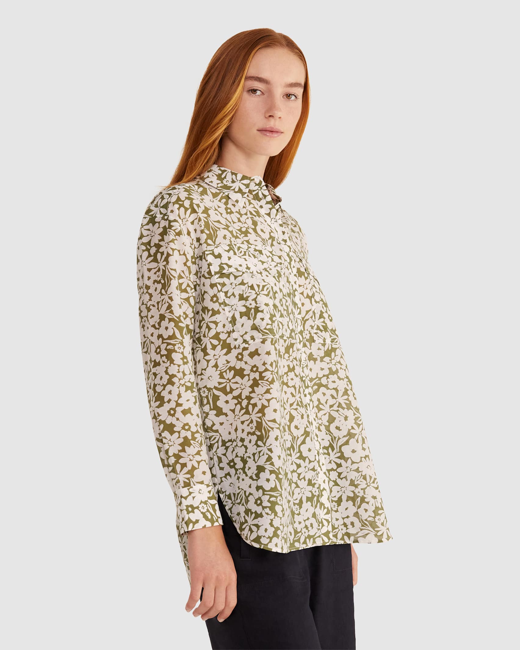 Floral Cotton Silk Shirt in KHAKI/IVORY