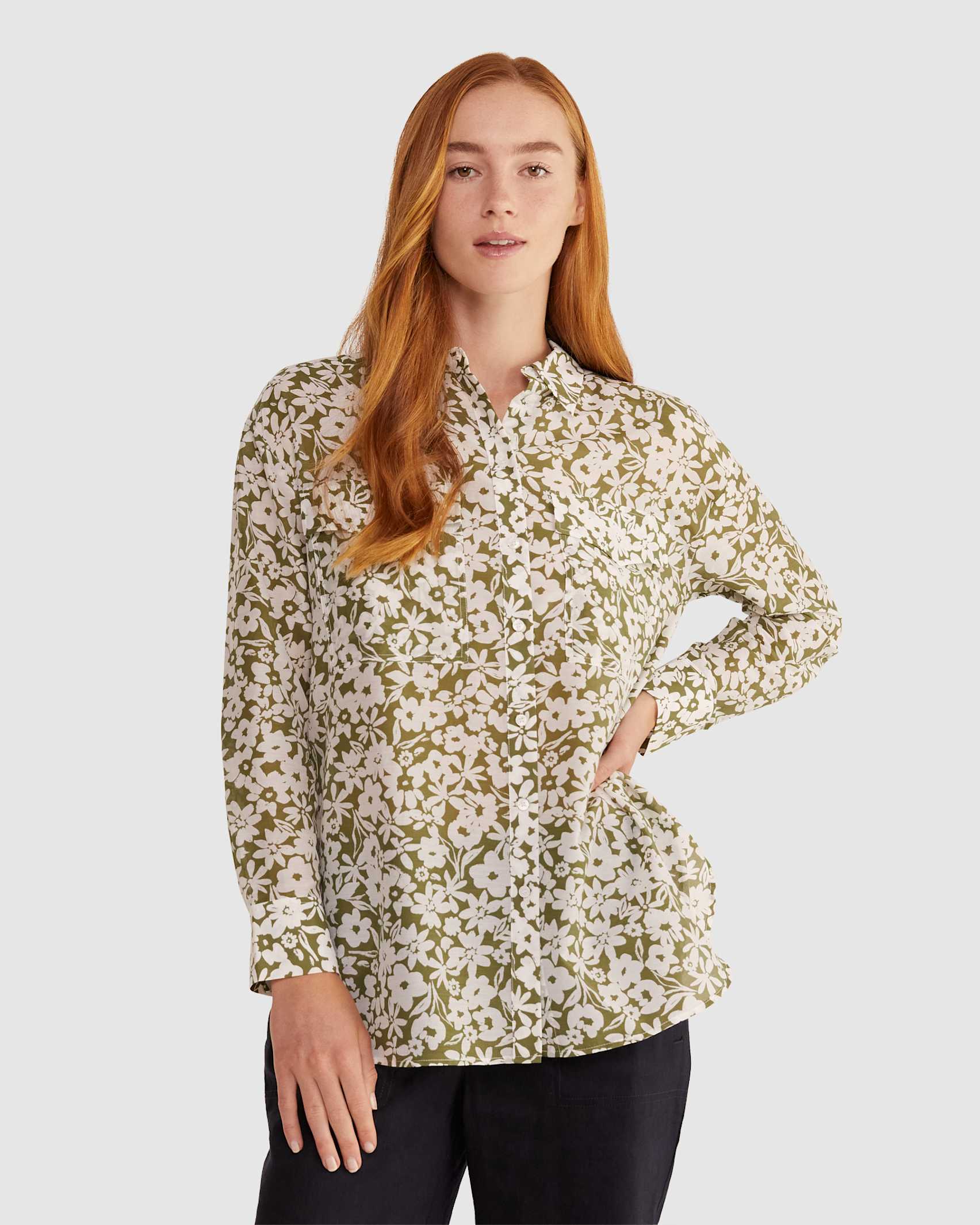 Floral Cotton Silk Shirt in KHAKI/IVORY