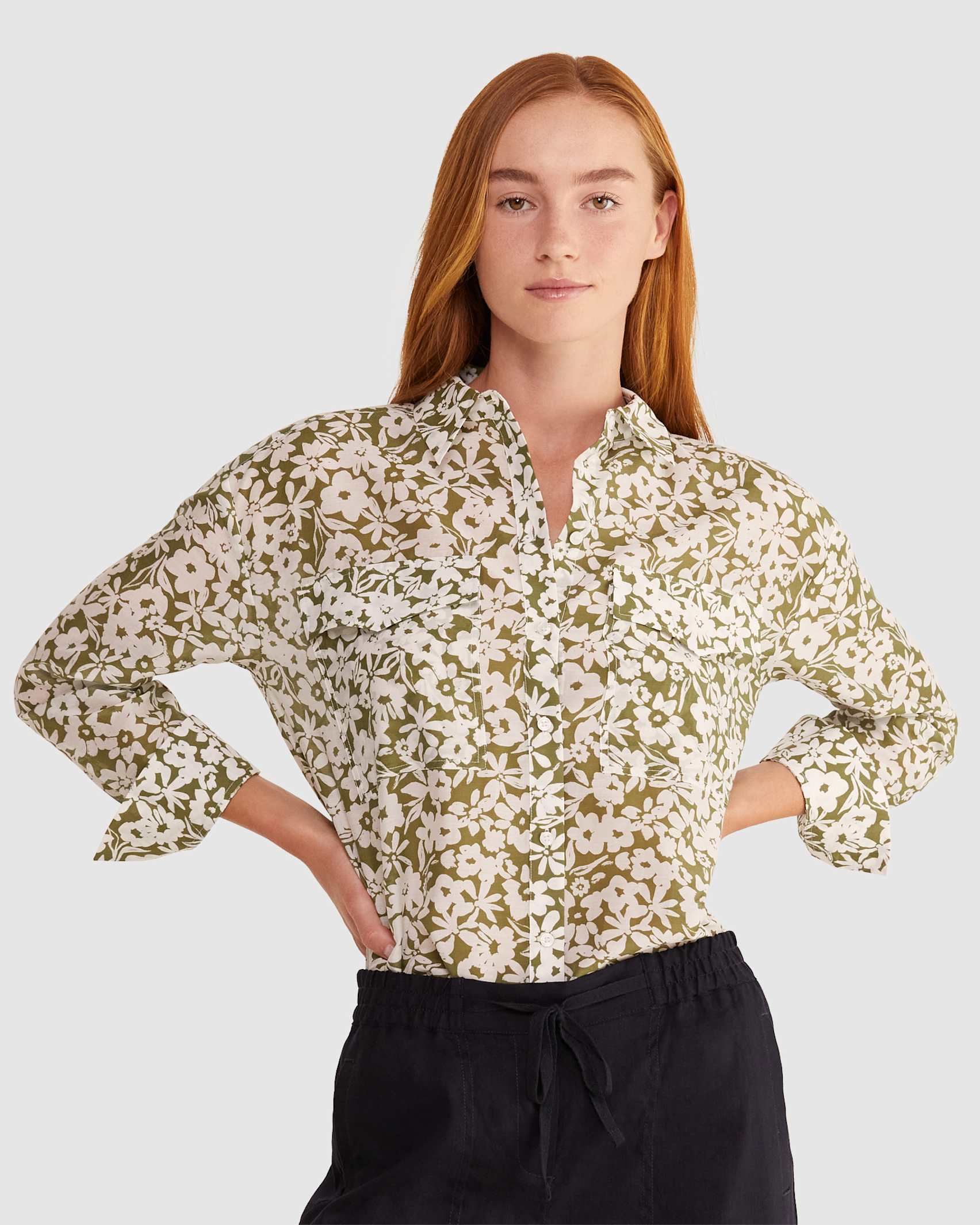 Floral Cotton Silk Shirt in KHAKI/IVORY