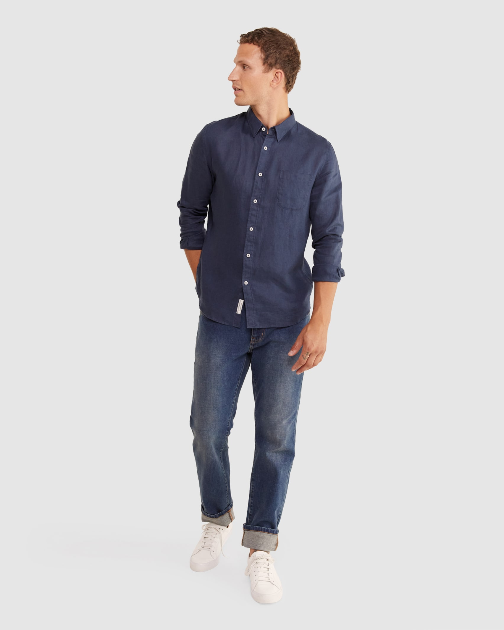 Long Sleeve Linen Shirt in NAVY