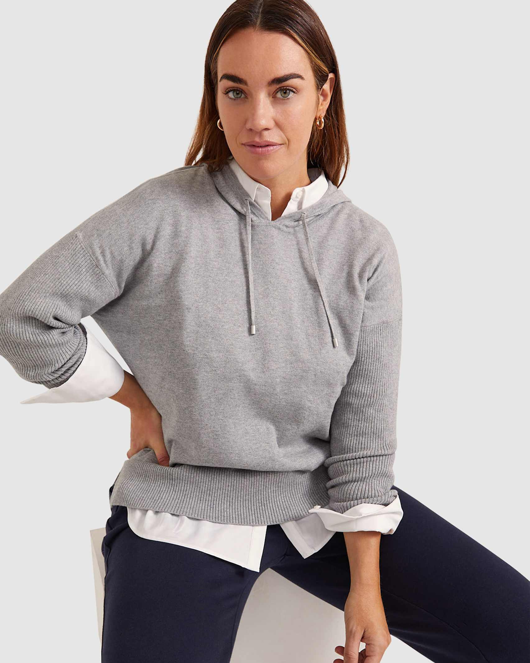 Cher Cotton Cashmere Knit Hoodie in GREY MARLE