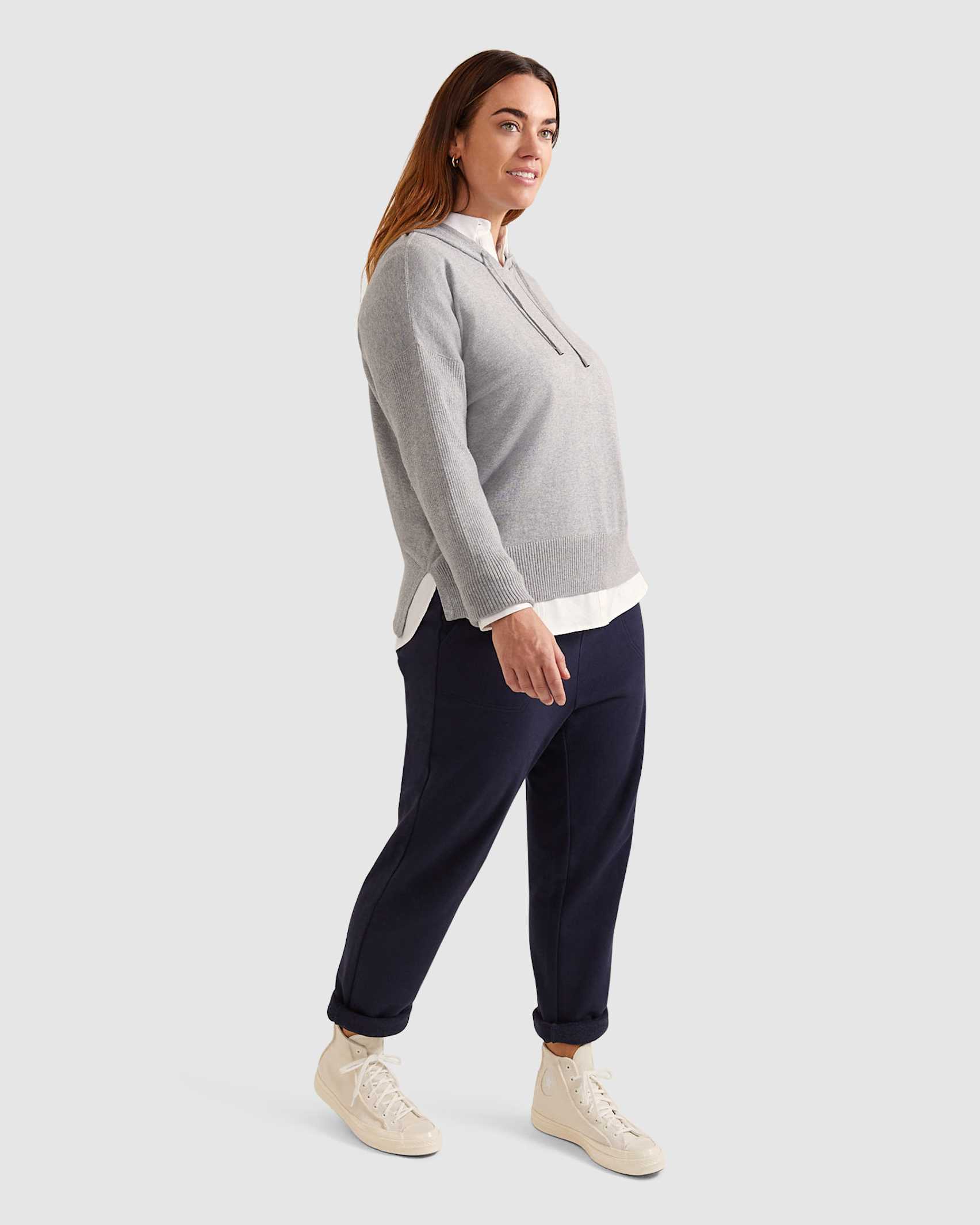 Cher Cotton Cashmere Knit Hoodie in GREY MARLE