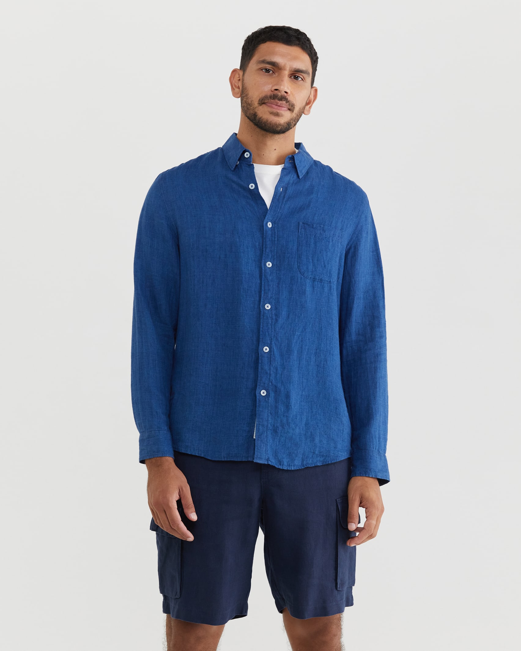 Yarn Dyed Linen Long Sleeve Shirt in INDIGO