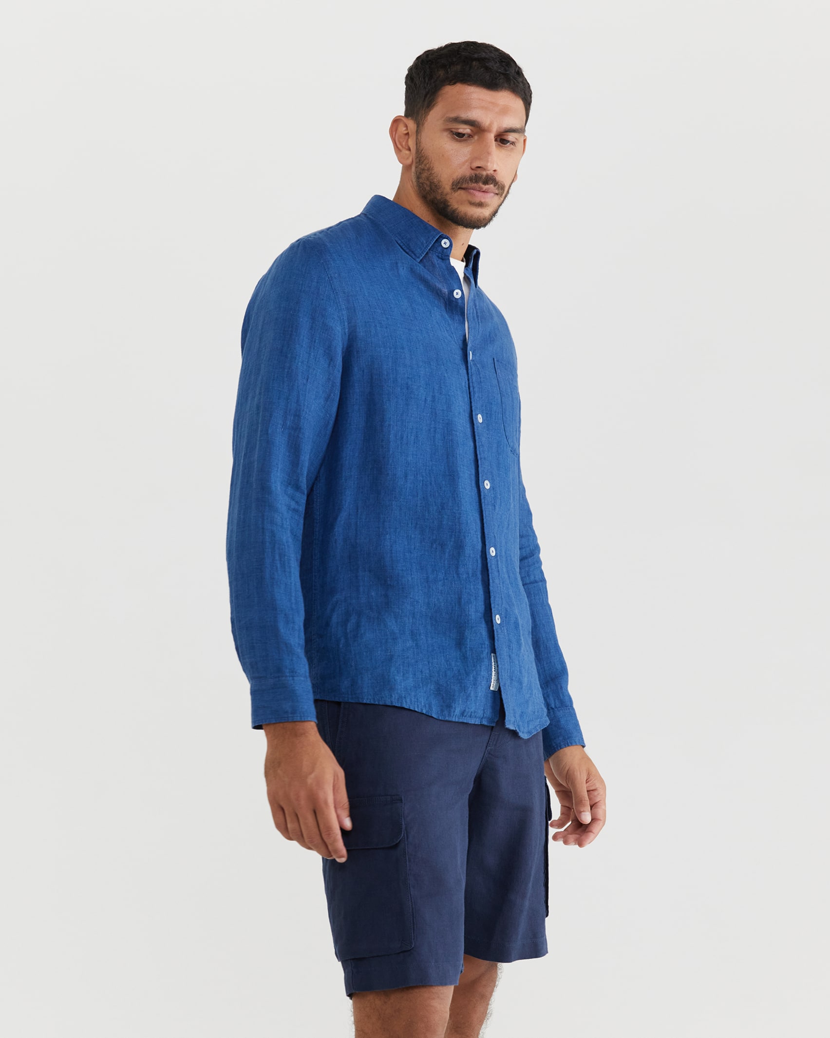 Yarn Dyed Linen Long Sleeve Shirt in INDIGO