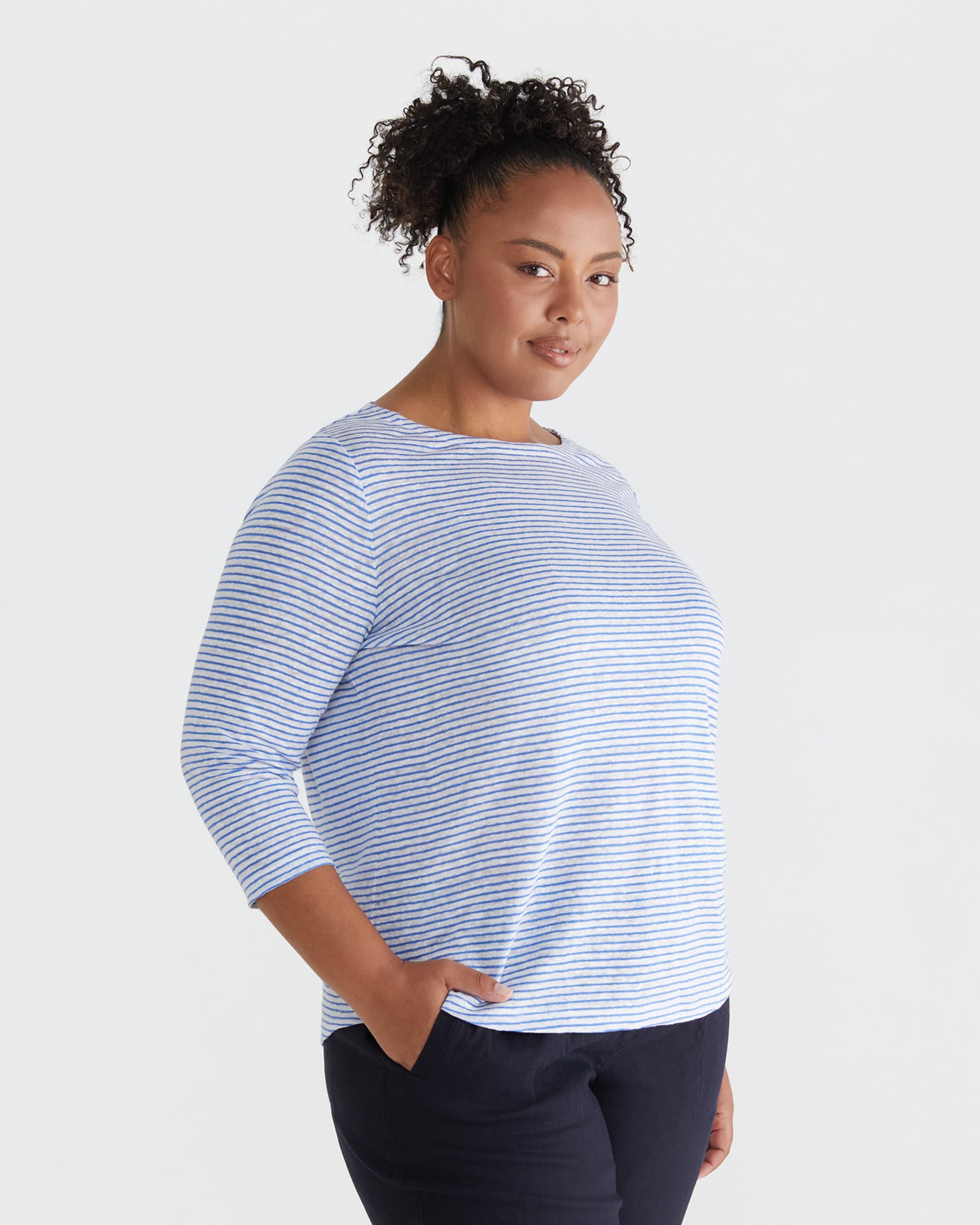 Cecile Linen Top in BLUE/WHITE