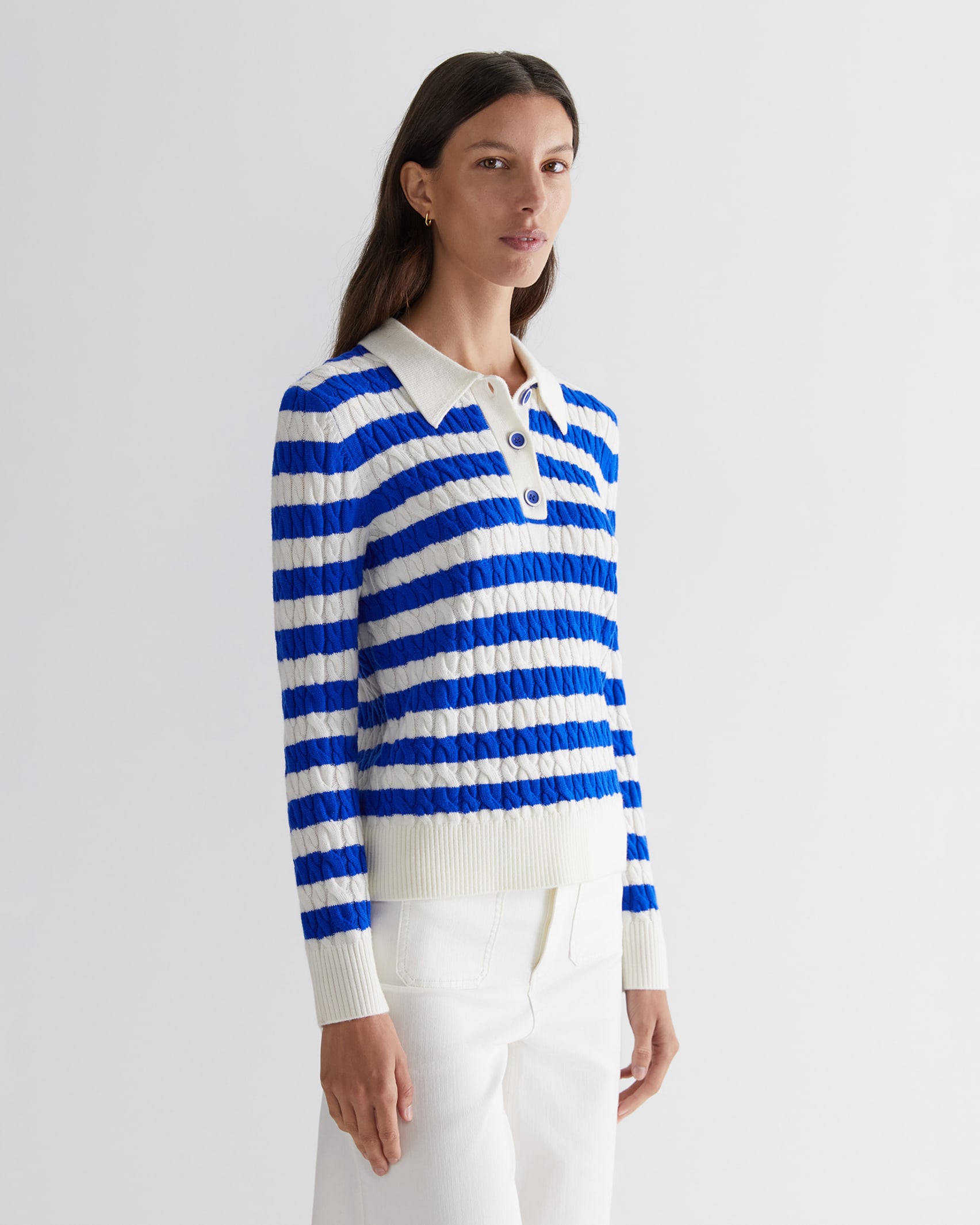Merino Wool Baby Cable Polo in BLUE/WHITE
