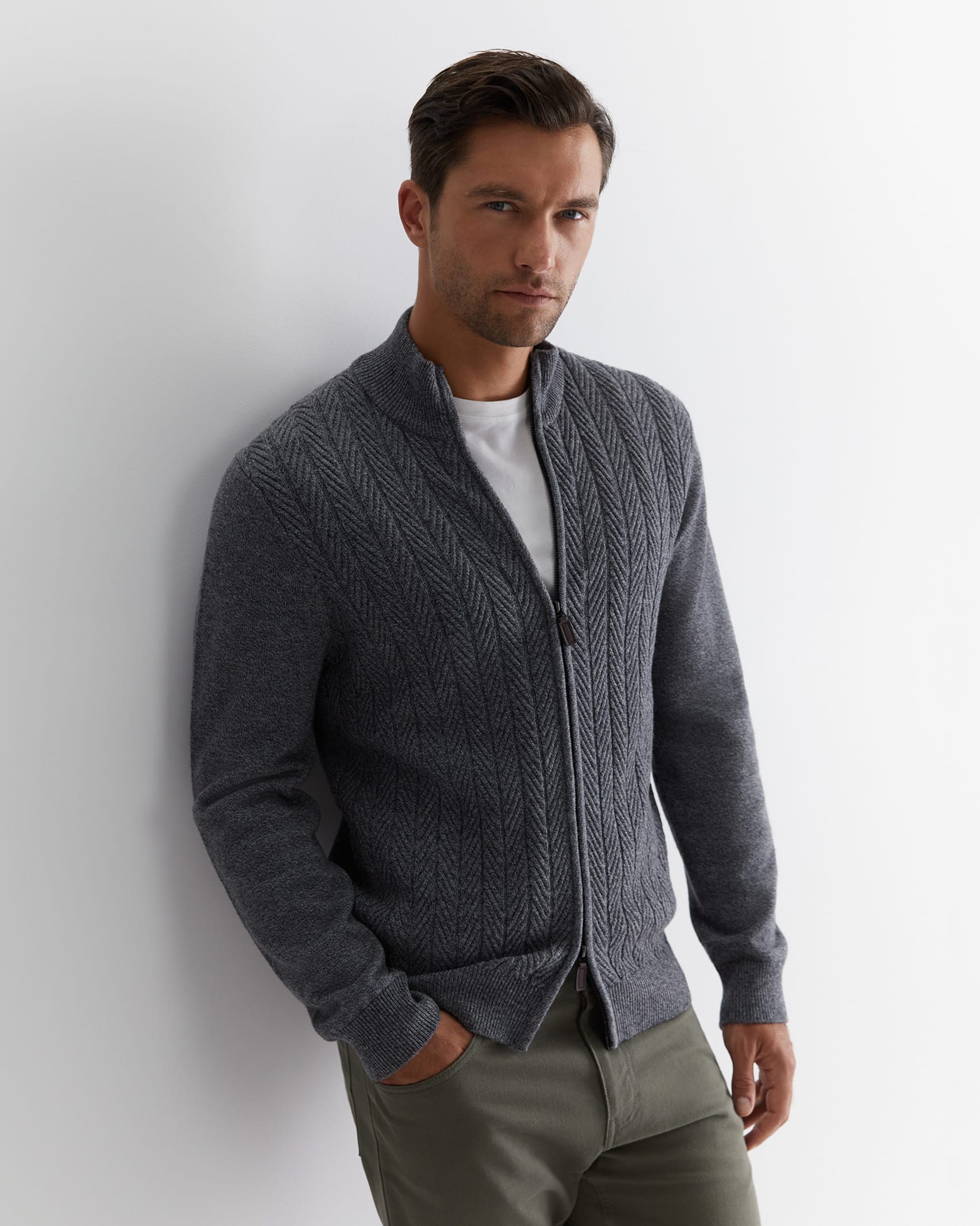 Harrison Merino Wool Zip Cardigan in GREY MELANGE