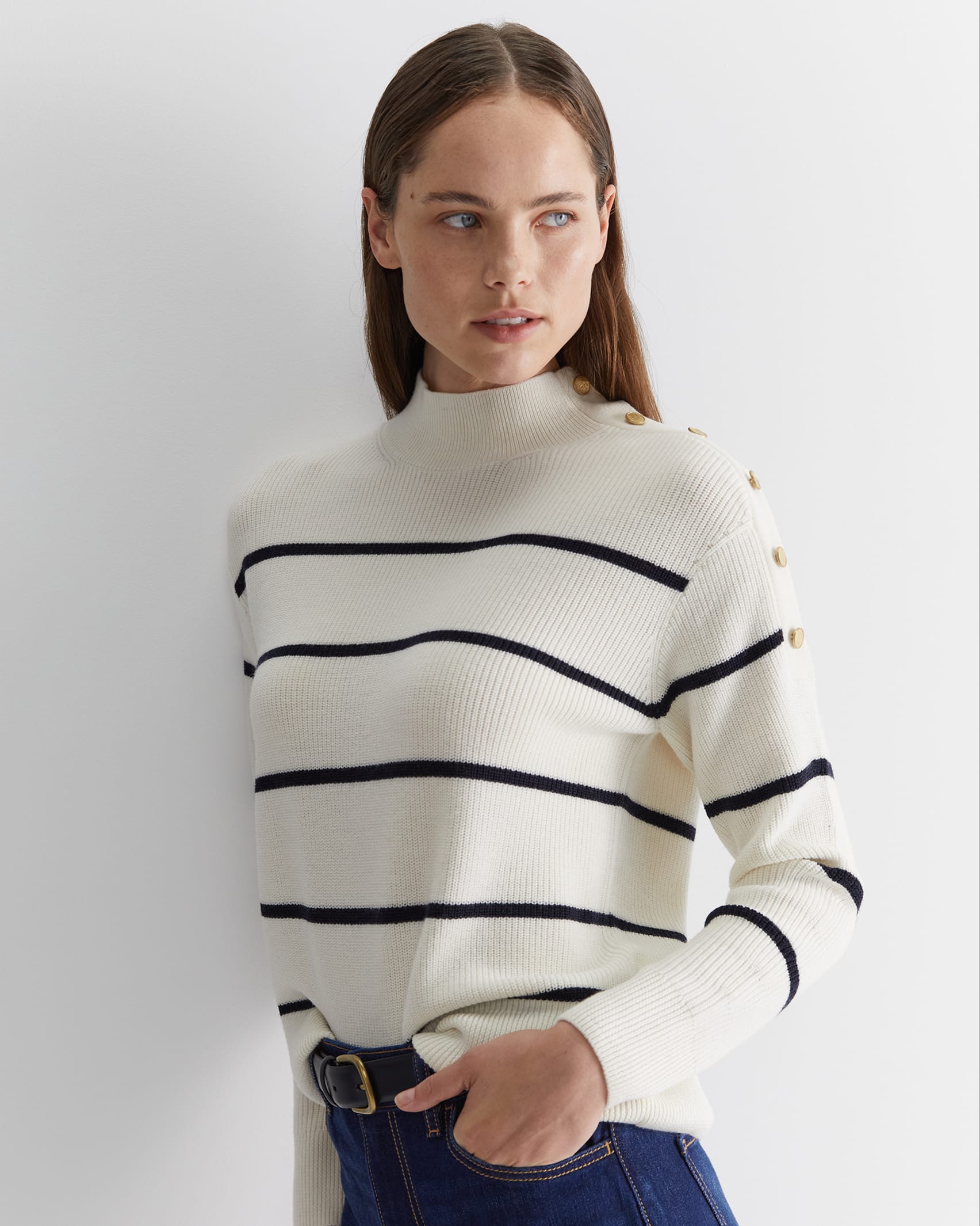 Merino Stripe Button Knit in WHITE/NAVY