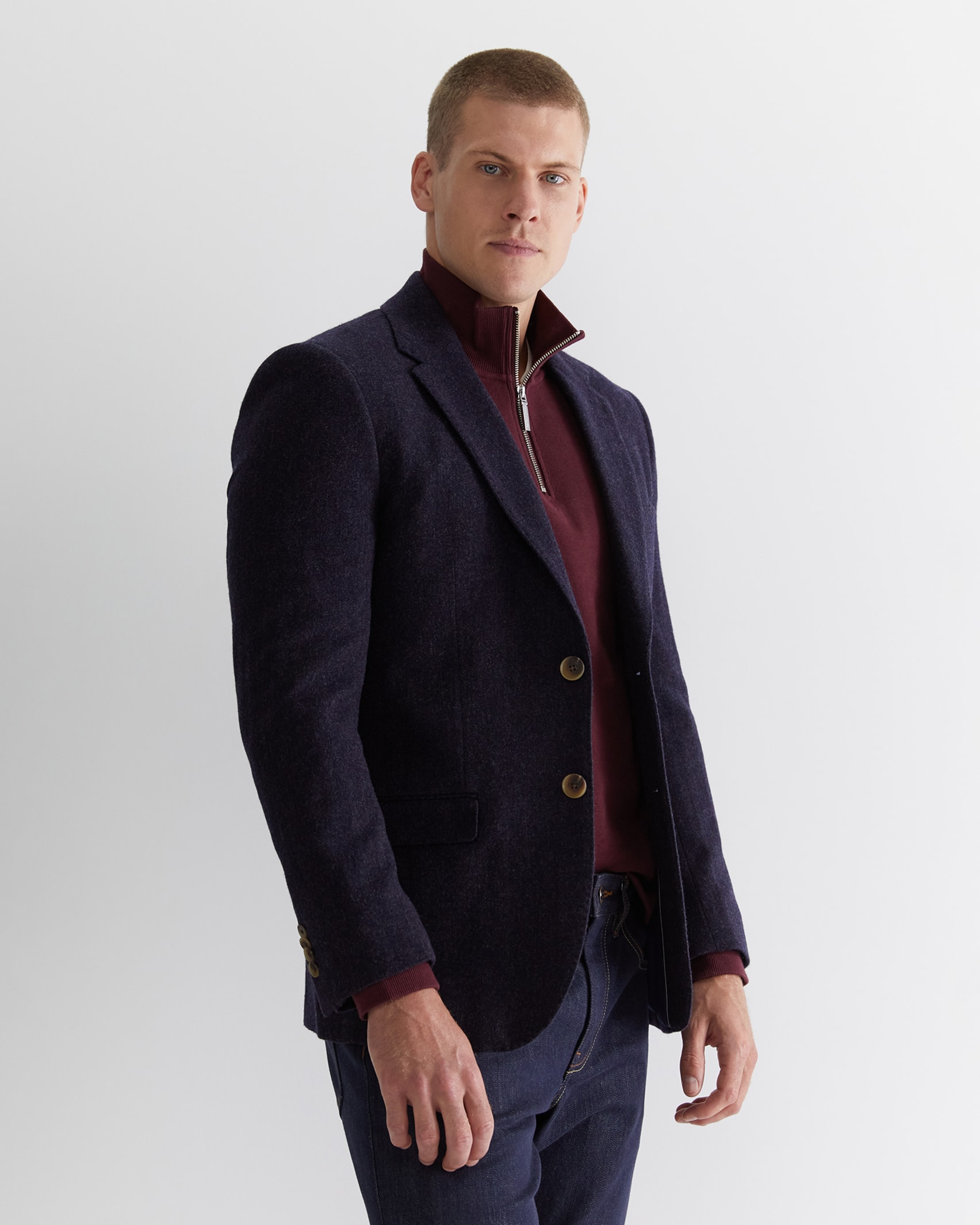 Herringbone Wool Blazer in NAVY MELANGE