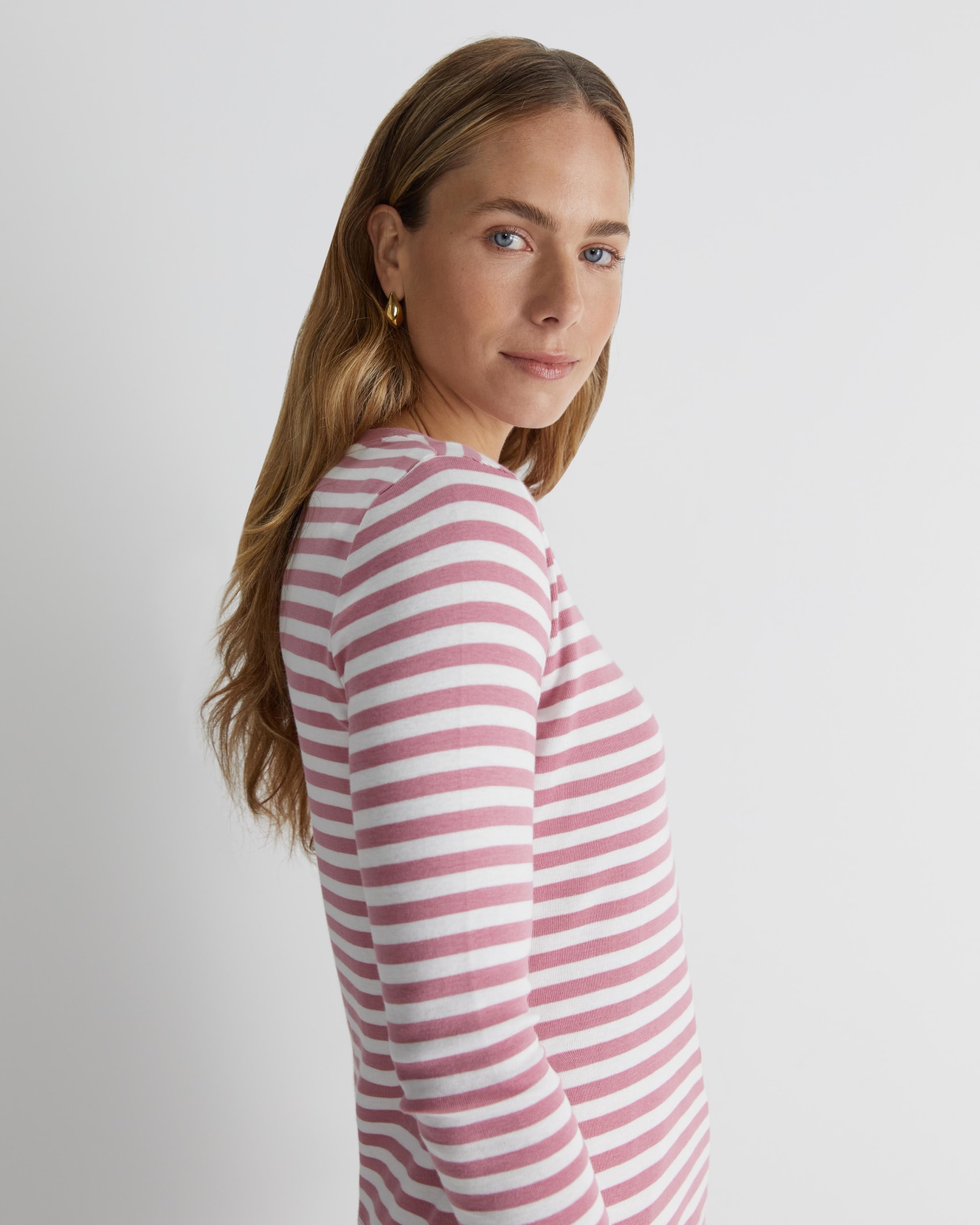 Heidi Long Sleeve Rib Tee in PINK/WHITE