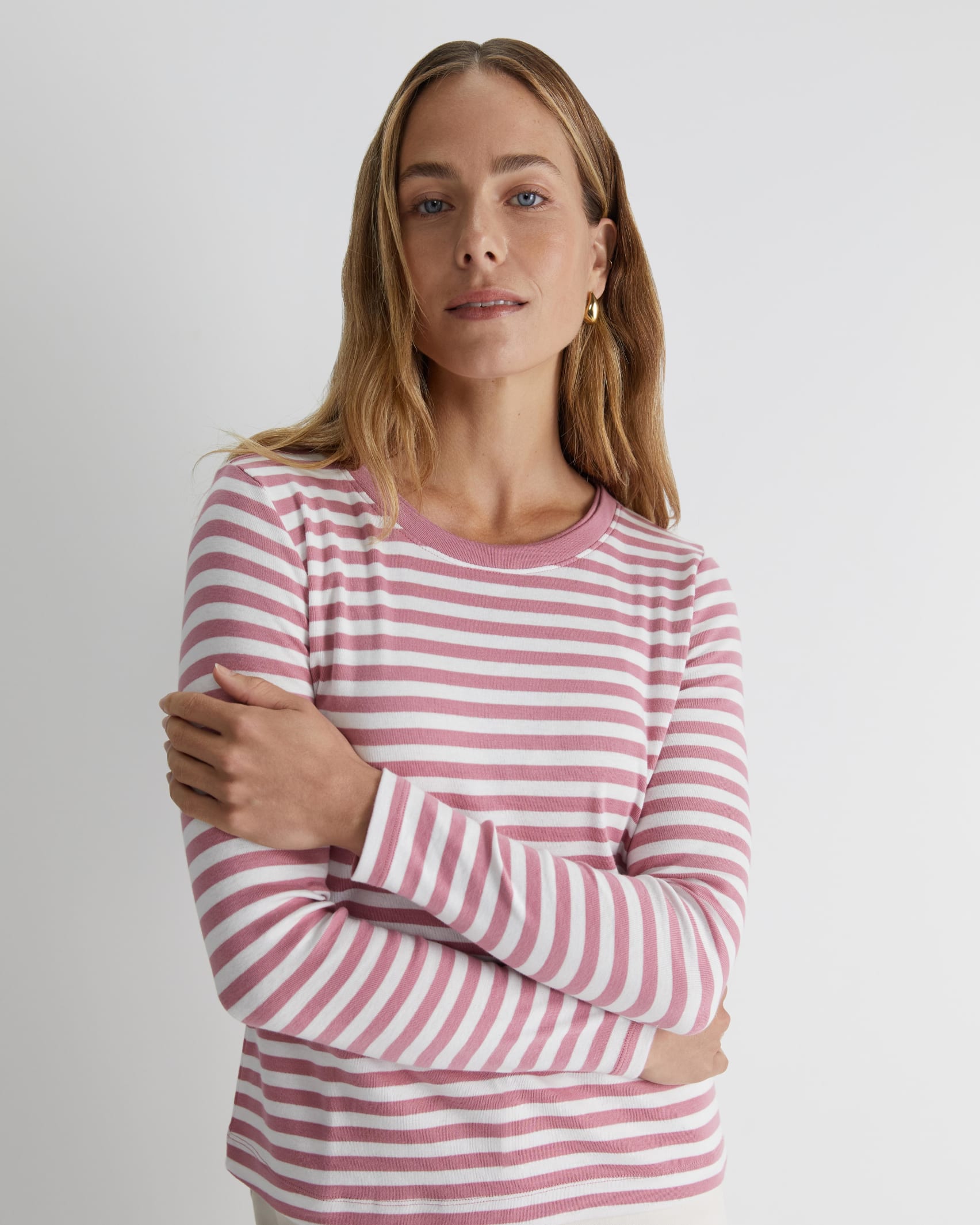 Heidi Long Sleeve Rib Tee in PINK/WHITE