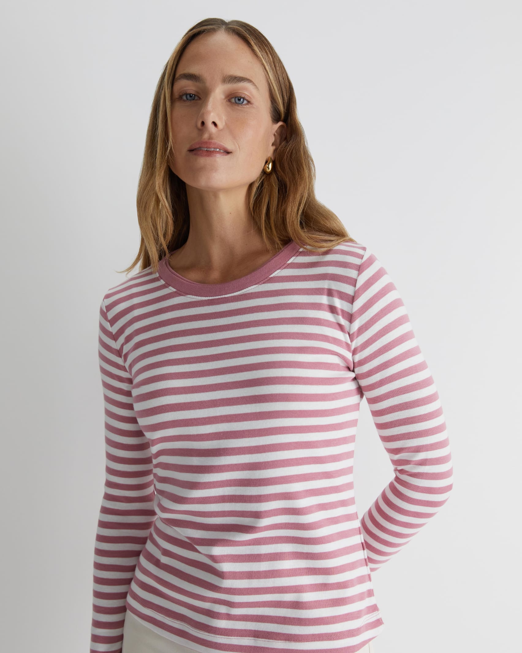 Heidi Long Sleeve Rib Tee in PINK/WHITE