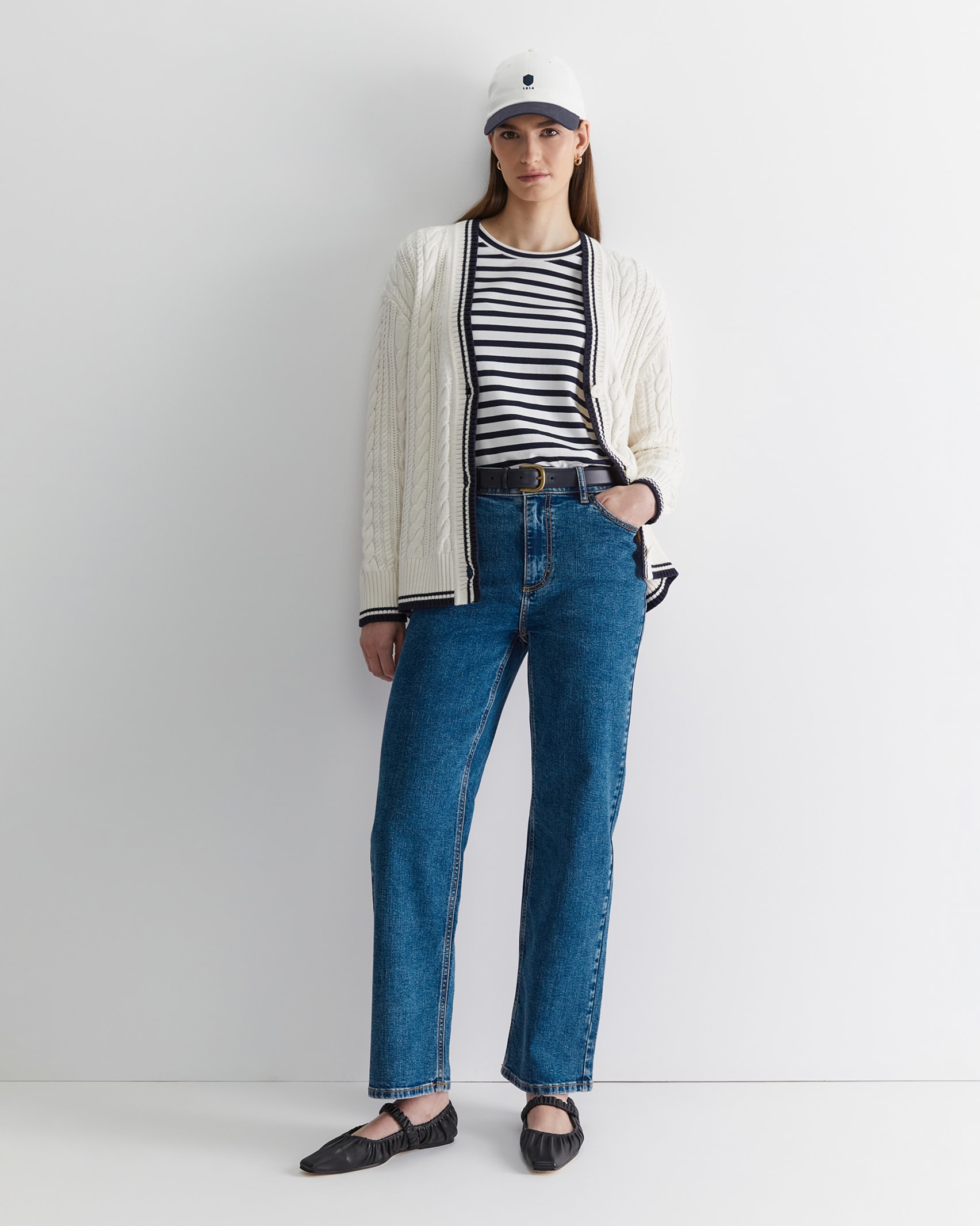 Elka Club Sport Cable Cardigan in CREAM/NAVY