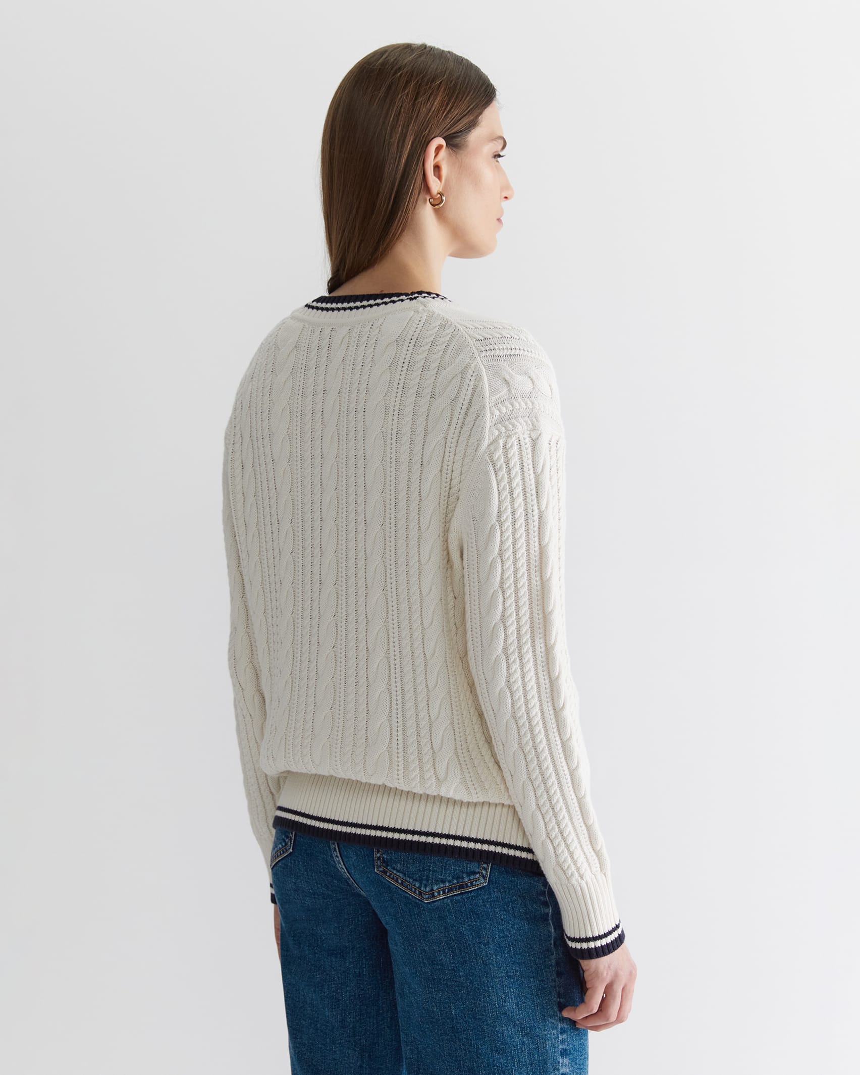 Elka Club Sport Cable Cardigan in CREAM/NAVY