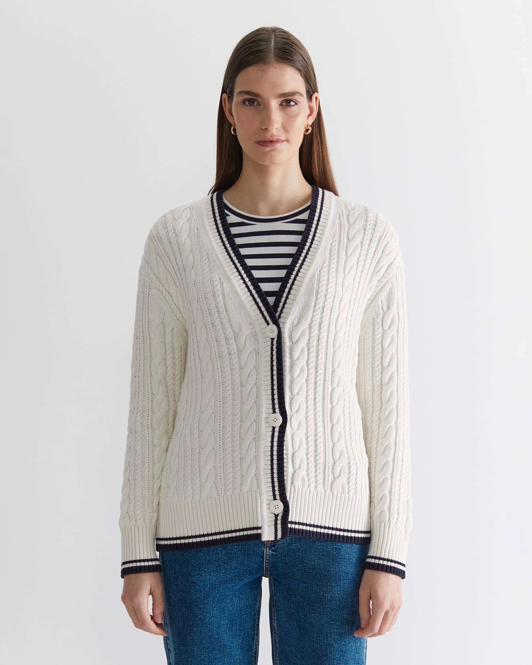 Elka Club Sport Cable Cardigan in CREAM/NAVY