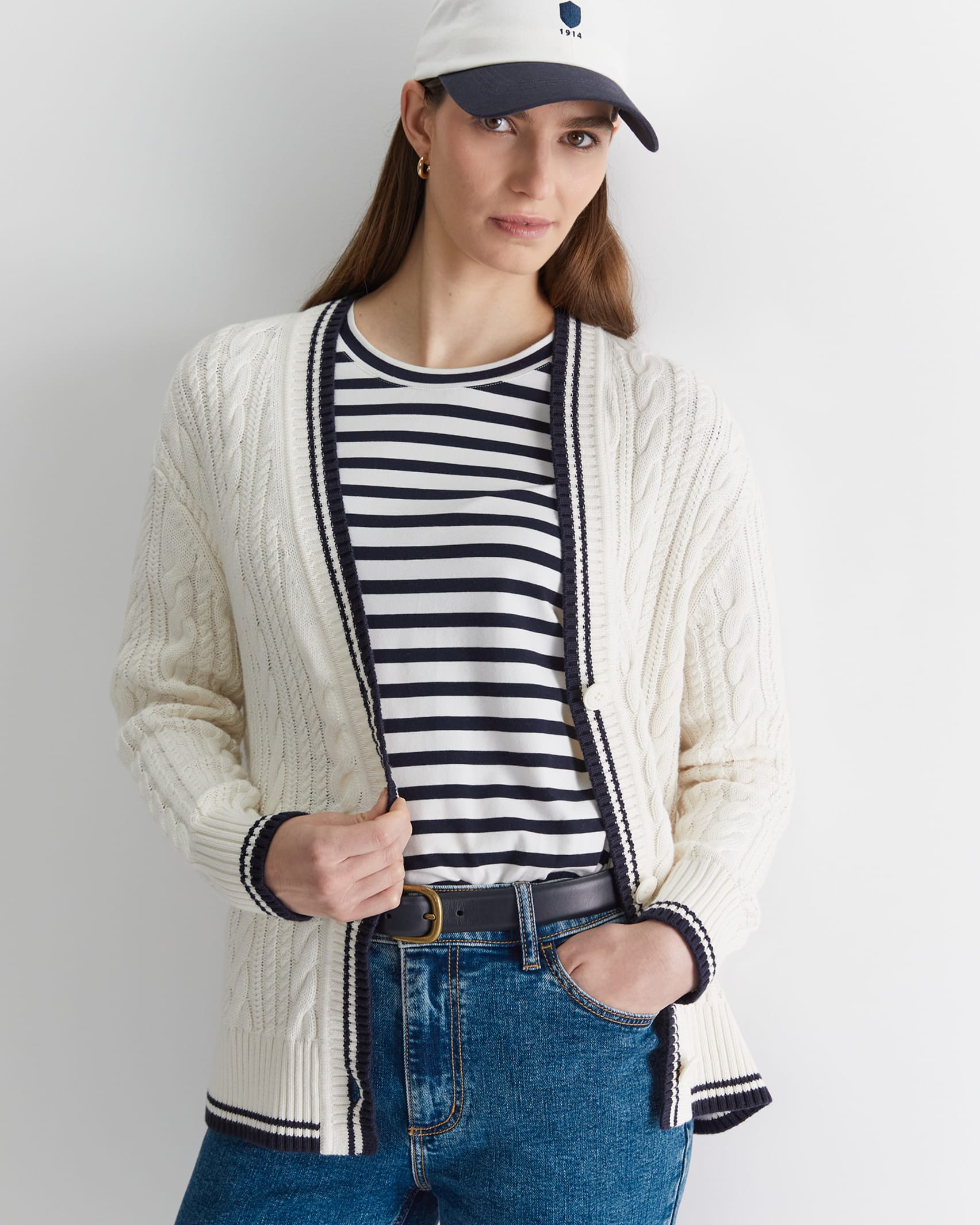 Elka Club Sport Cable Cardigan in CREAM/NAVY