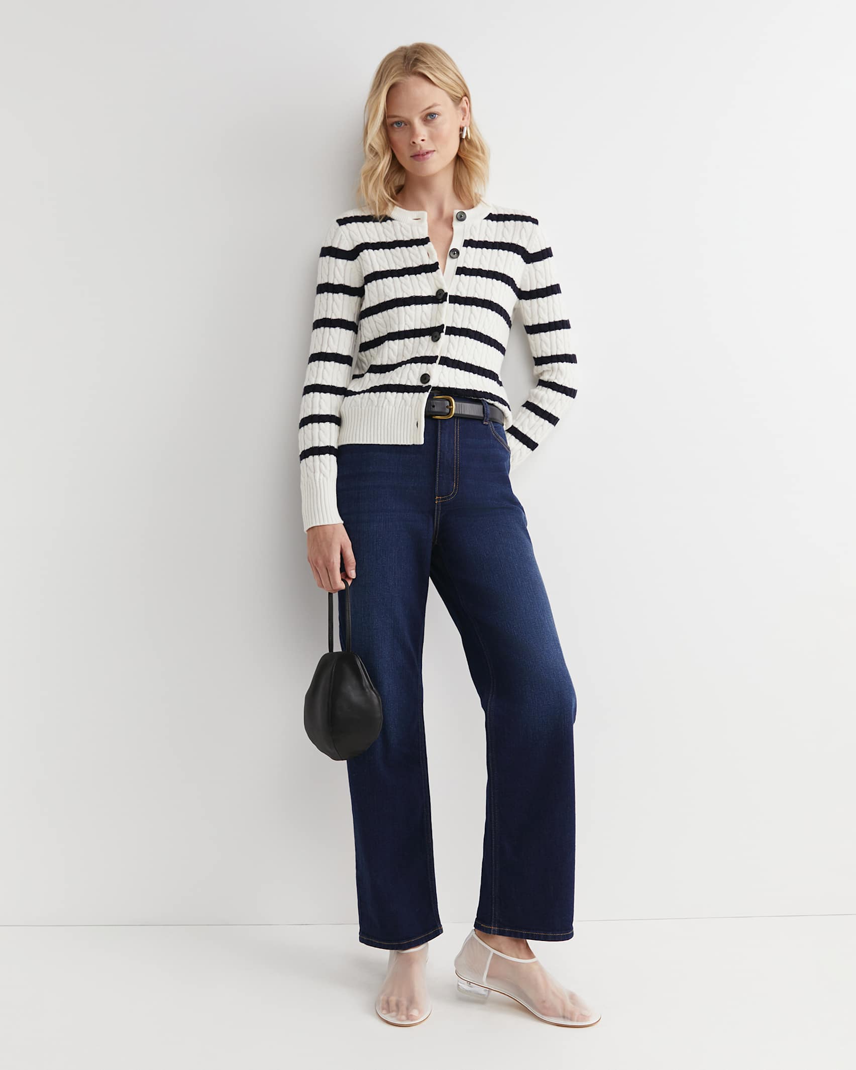 Cable Merino Cotton Cardigan in WHITE/NAVY