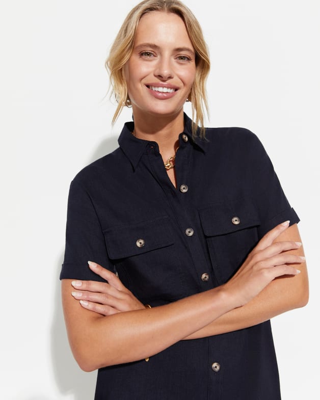 Sustainable Short Sleeve Button Up Dress - Navy - Pomelo Fashion