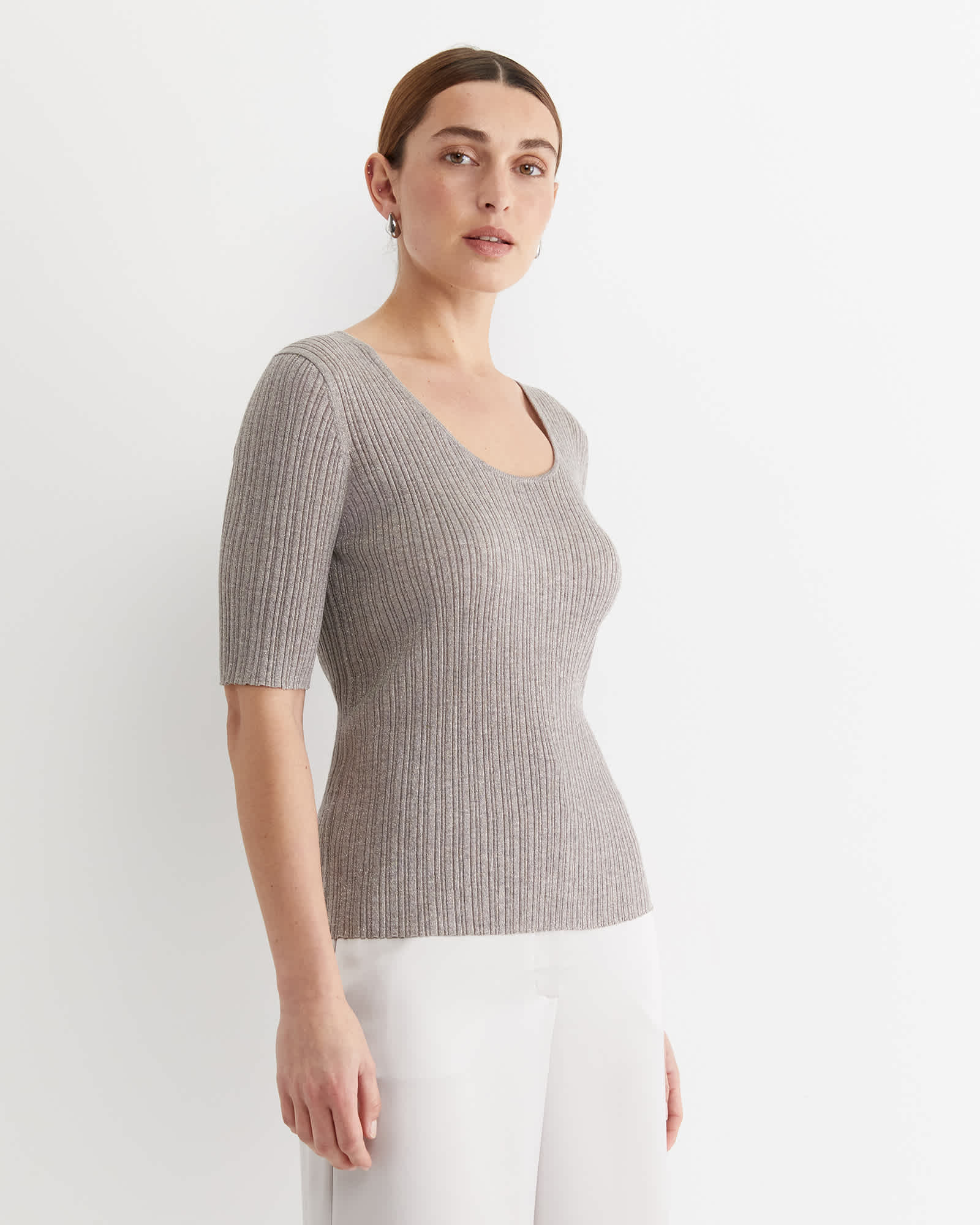 Sparkling Rib Knit Tee in Grey Pearl | Sportscraft