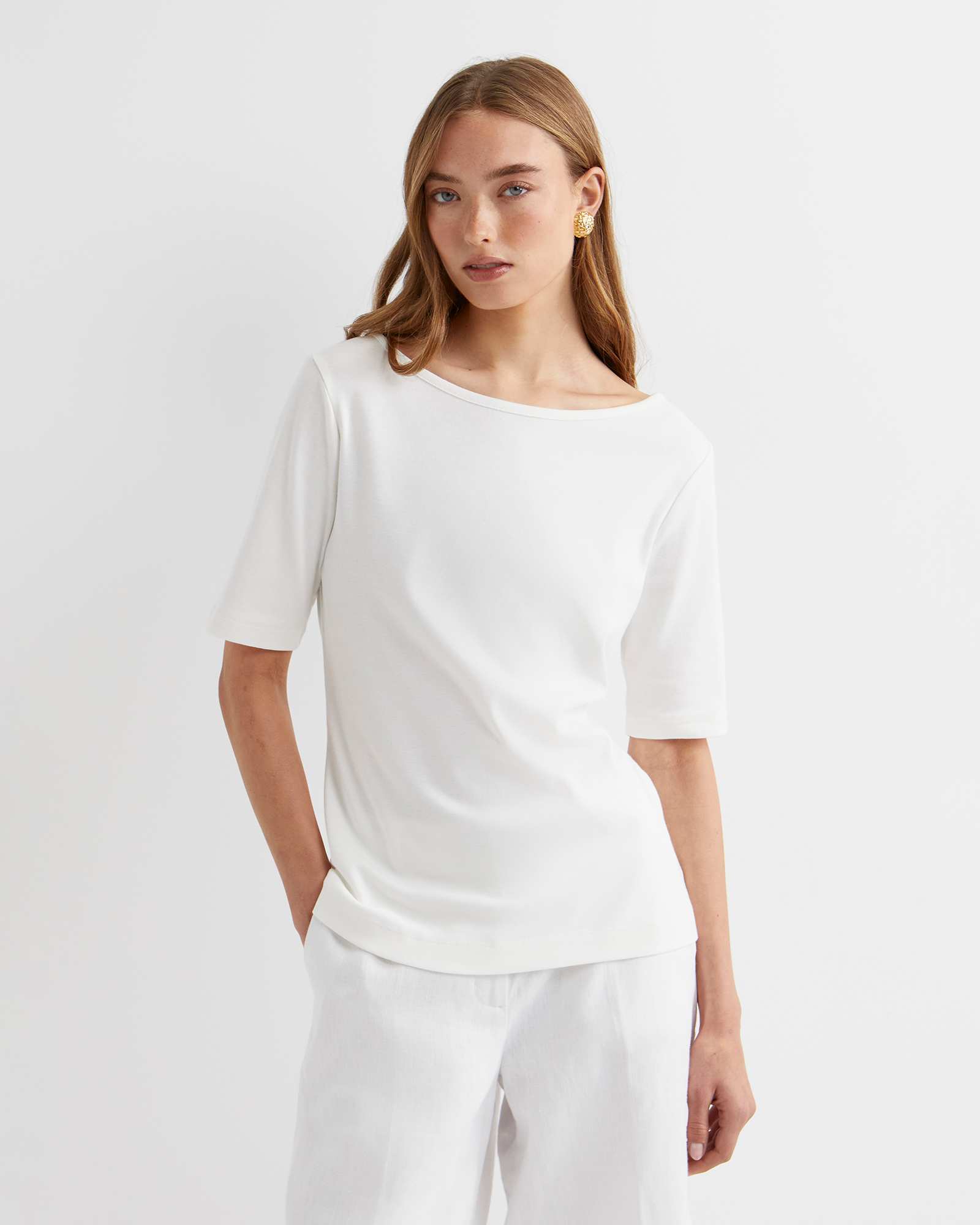 Heidi Boat Neck Half Sleeve Tee in White | Sportscraft