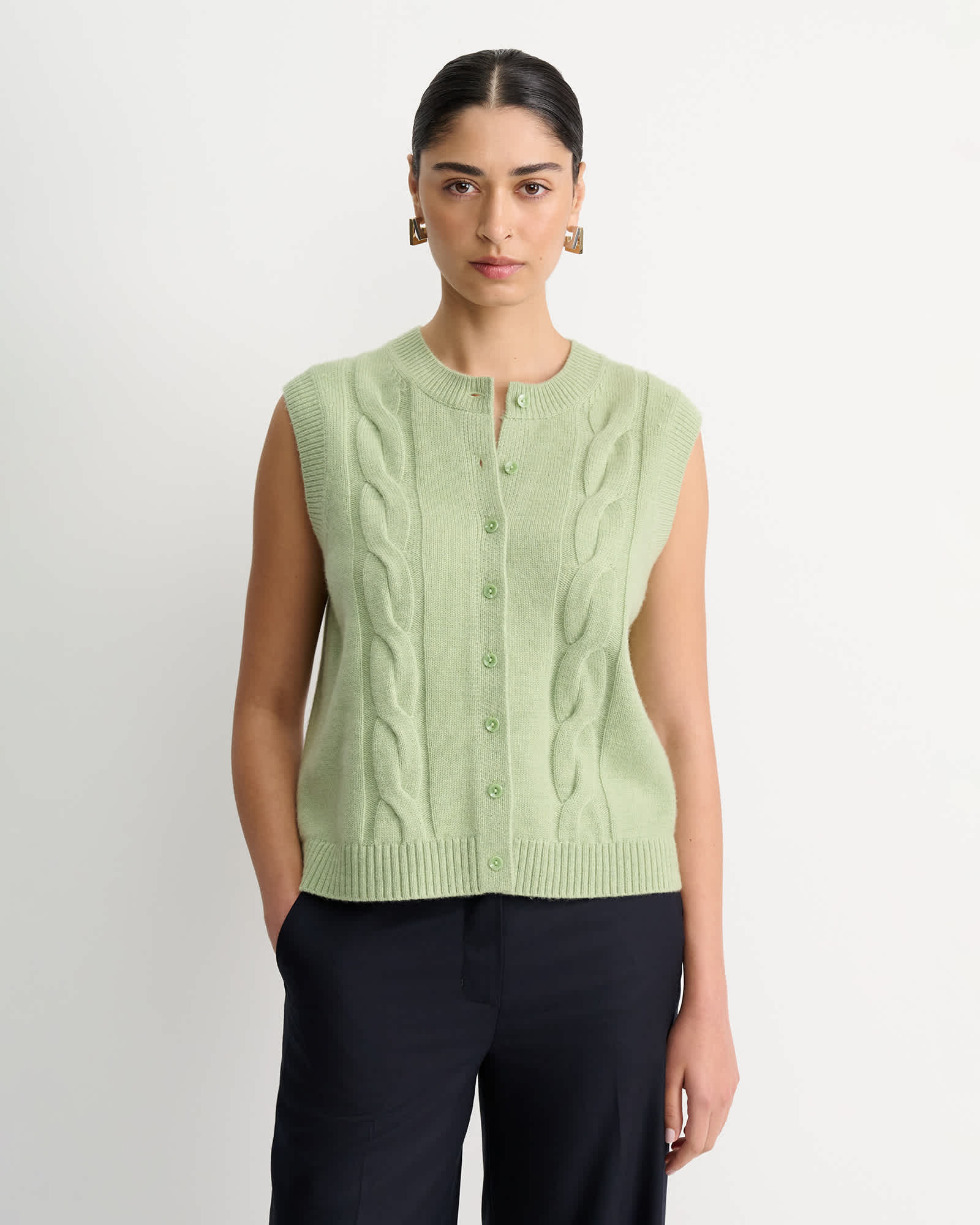 Pearl Chunky Cable Vest in Avocado | Sportscraft