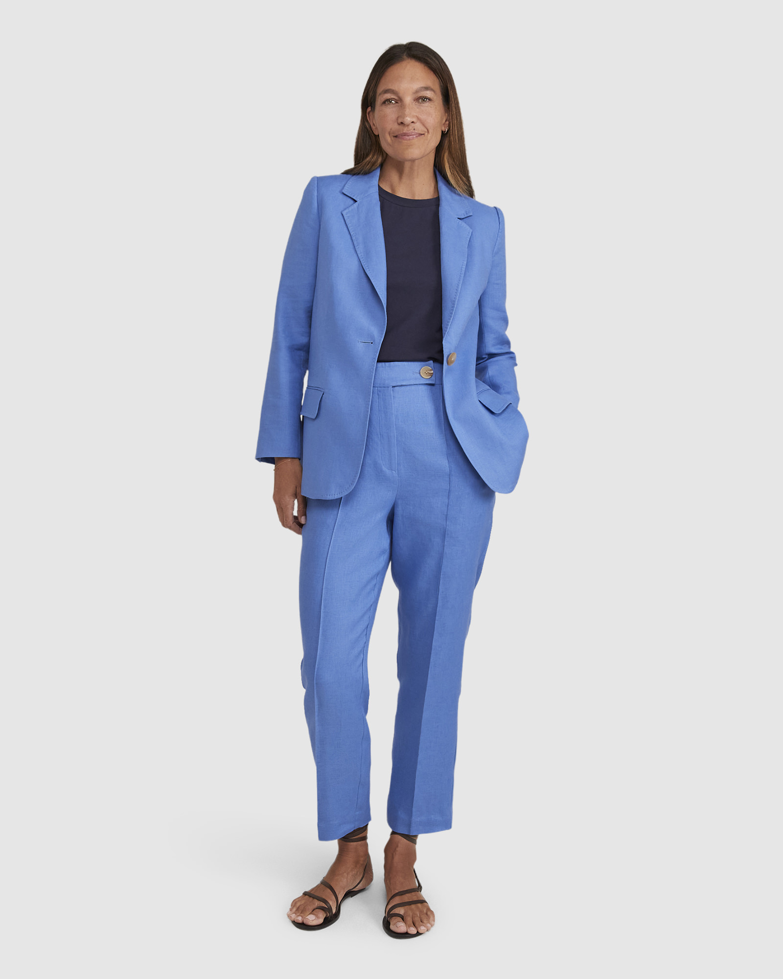 womens blue linen suit