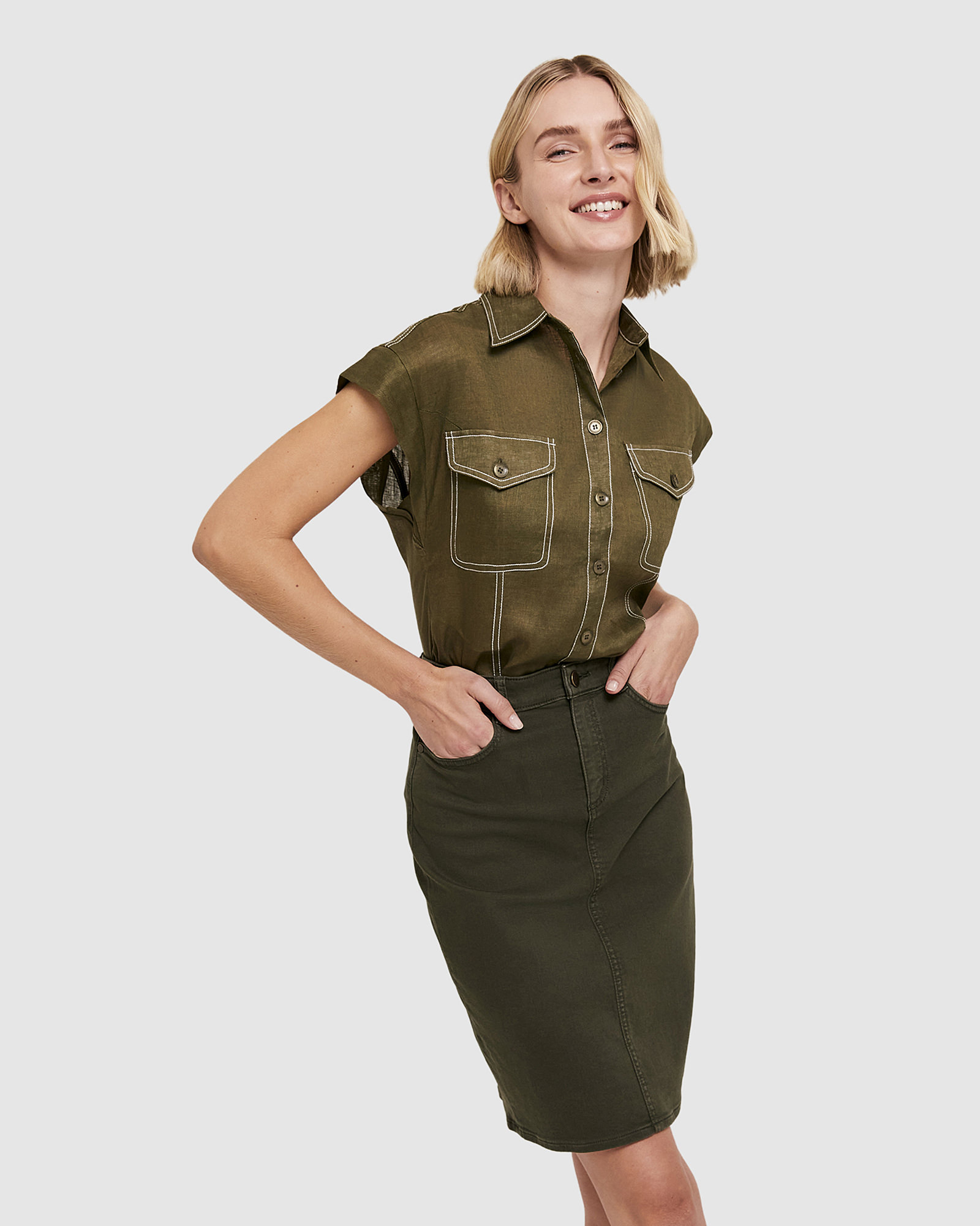 Khaki shirt cheap and skirt