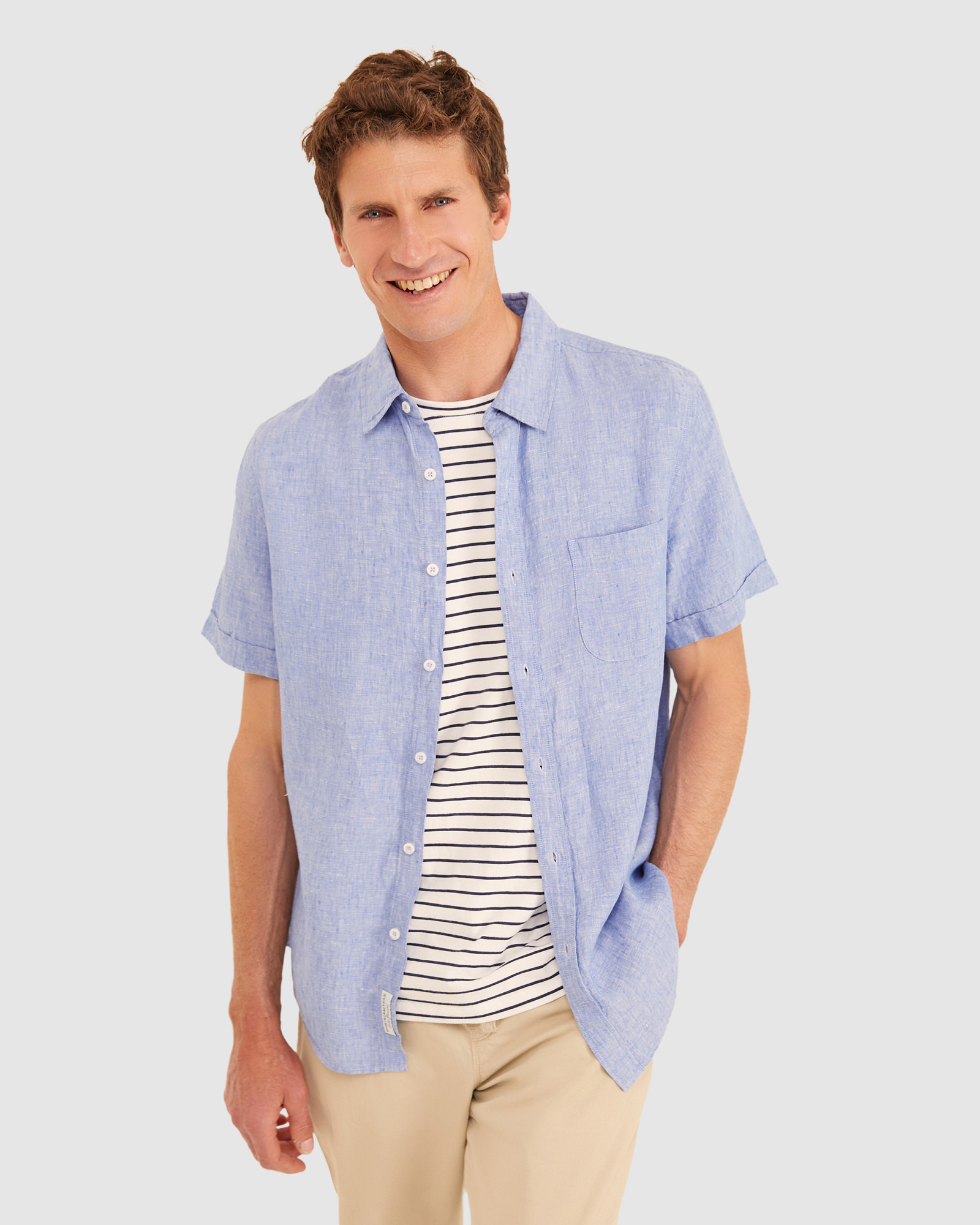 Yarn Dyed Linen Short Sleeve Shirt in Chambray | Sportscraft