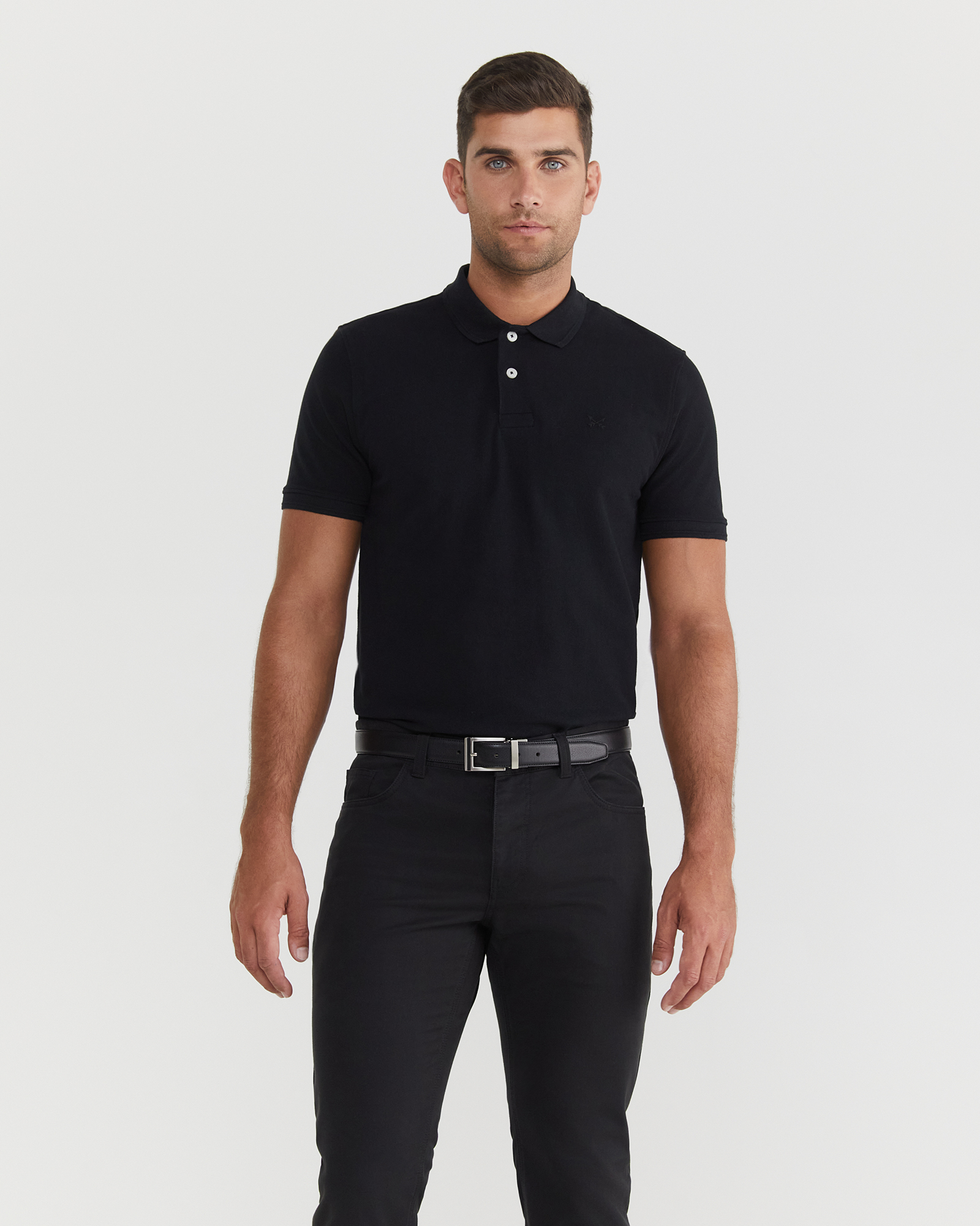 grey pants black polo