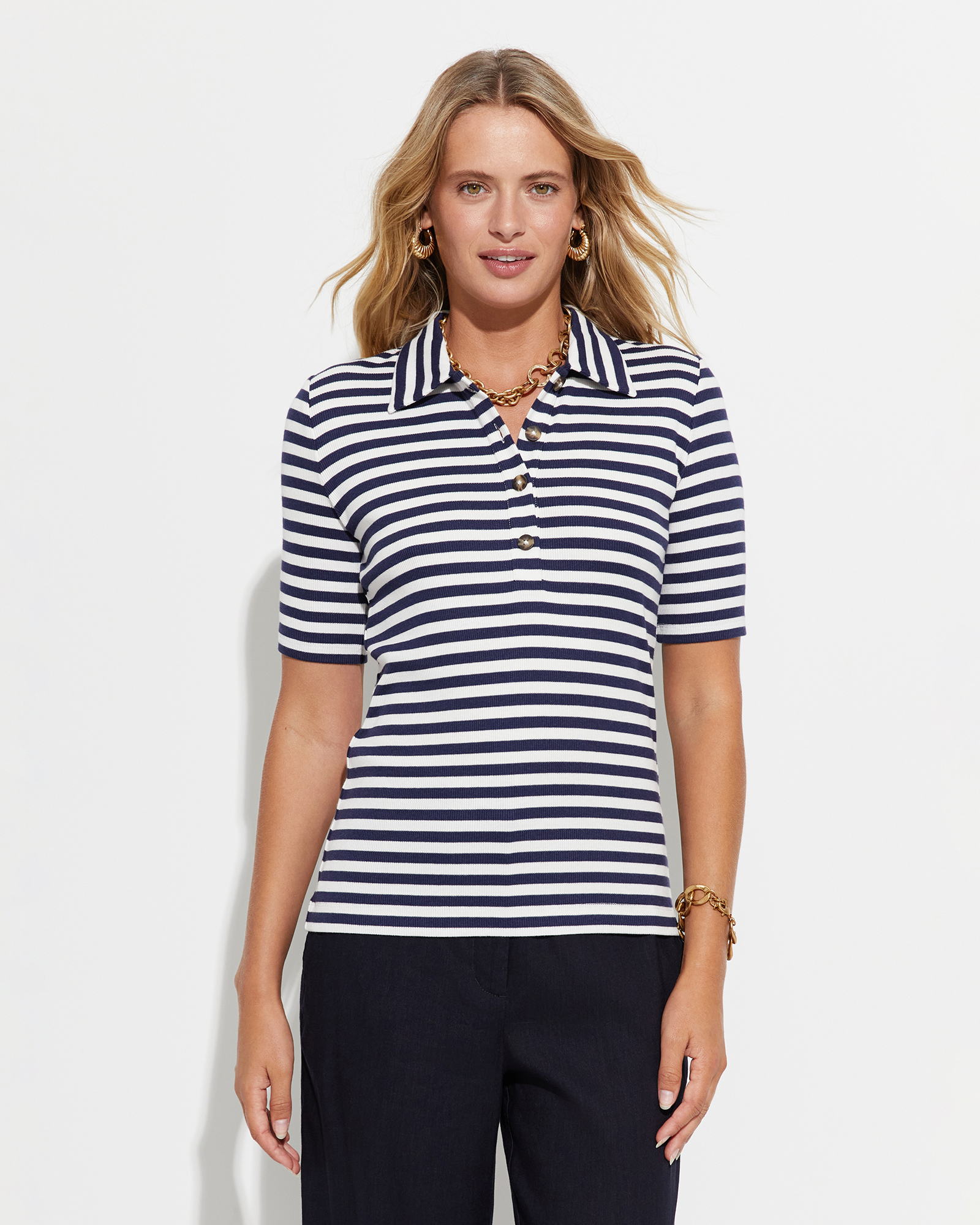 blue and white striped polo shirt womens